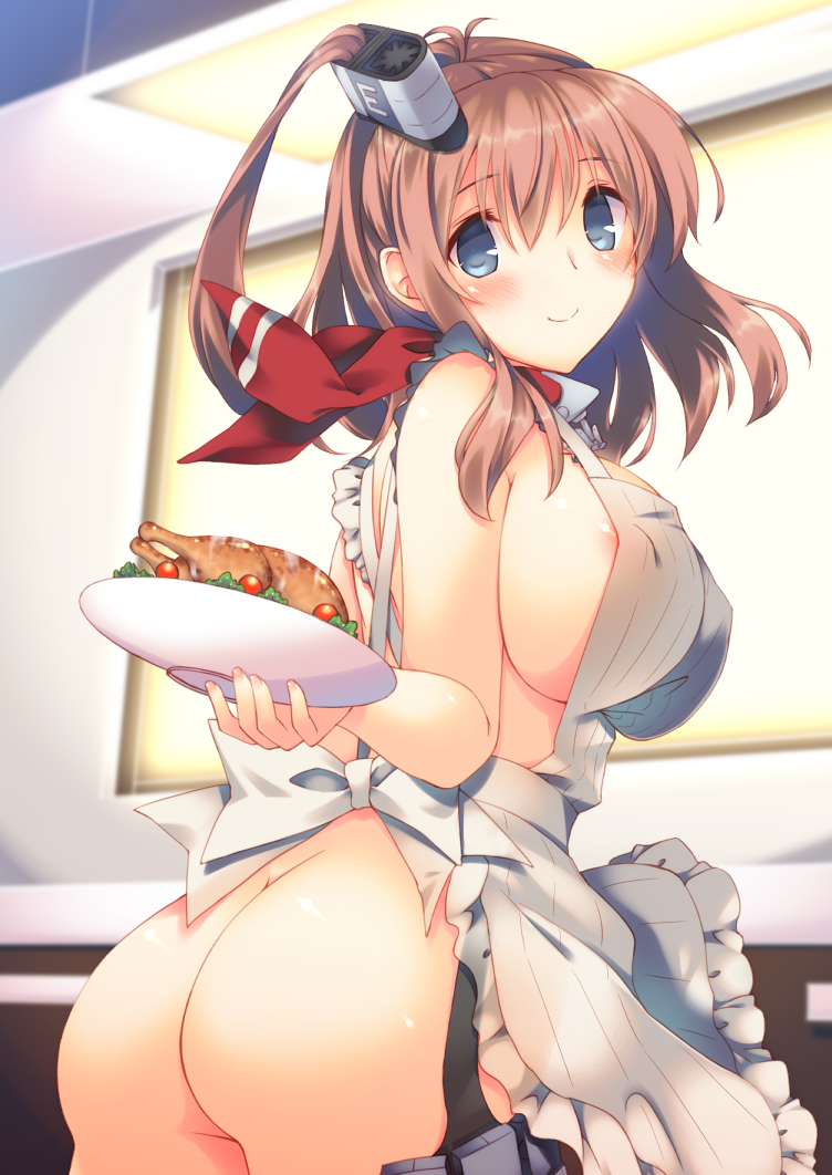 apron areola_slip areolae ass bangs blue_eyes breasts brown_hair cherry_tomato chicken_(food) cowboy_shot erect_nipples eyebrows_visible_through_hair female food frilled_apron frills from_side hair_between_eyes holding holding_dish kantai_collection kitchen large_breasts lettuce looking_at_viewer looking_back mutsuno_hekisa naked_apron neckerchief saratoga_(kantai_collection) side_ponytail sideboob smile solo tomato