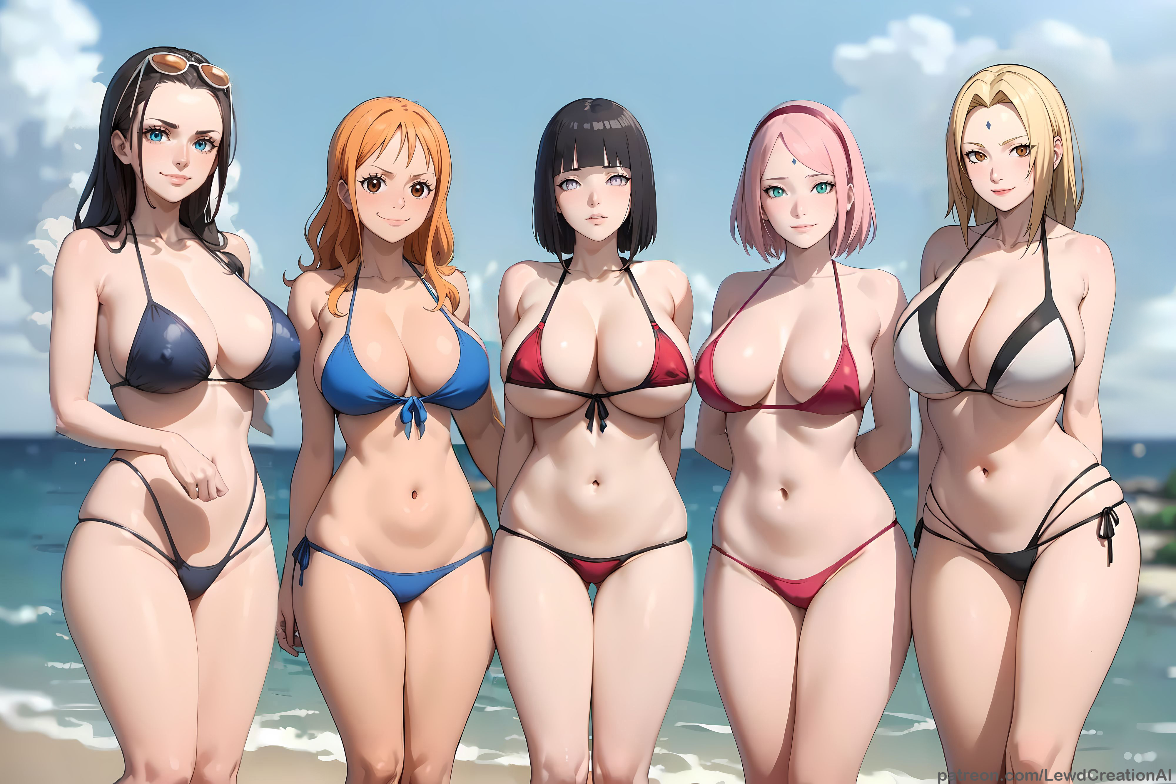 5girls, ai generated, beach, big breasts, bikini, bikini bottom, bikini top, black hair, blonde hair, blue eyes, blush, blush lines, blushing at viewer, boruto: naruto next generations, breasts, brown eyes, cameltoe, covered nipples, crossover, curvy, curvy figure, erect nipples under clothes, female, female only, forehead gem, forehead jewel, forehead mark, green eyes, grey eyes, group, hands behind back, haruno sakura, huge breasts, hyuuga hinata, lewdcreationsai, looking at viewer, multiple females, multiple girls, nami (one piece), naruto, naruto (series), navel, nico robin, one piece, orange eyes, orange hair, outdoors, pink hair, post-timeskip, pussy, sakura haruno, sand, sea, shy, smile, smirk, thick thighs, thighs, tsunade, uchiha sakura, uzumaki hinata, white eyes