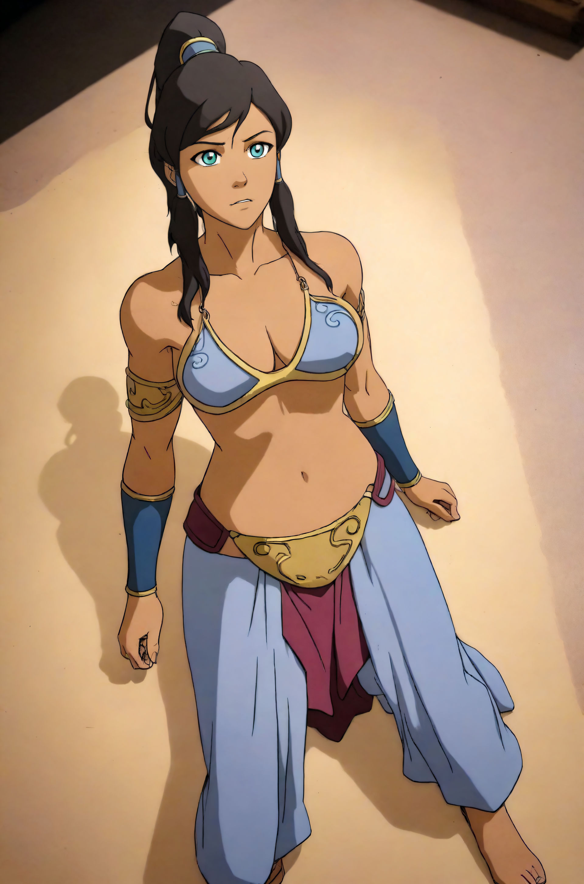 1girls, ai generated, armlet, avatar legends, belly dancer, belly dancer outfit, blue eyes, bracelet, breasts, brown hair, cathrynedelamort, cleavage, dark skin, dark-skinned female, female, female only, from above, hair ornament, harem girl, harem outfit, harem pants, jewelry, korra, large breasts, loincloth, navel, nickelodeon, slave, slave bikini, slave girl, slave leia (cosplay), slave outfit, solo, standing, stomach, tan skin, tan-skinned female, the avatar, the legend of korra, water tribe