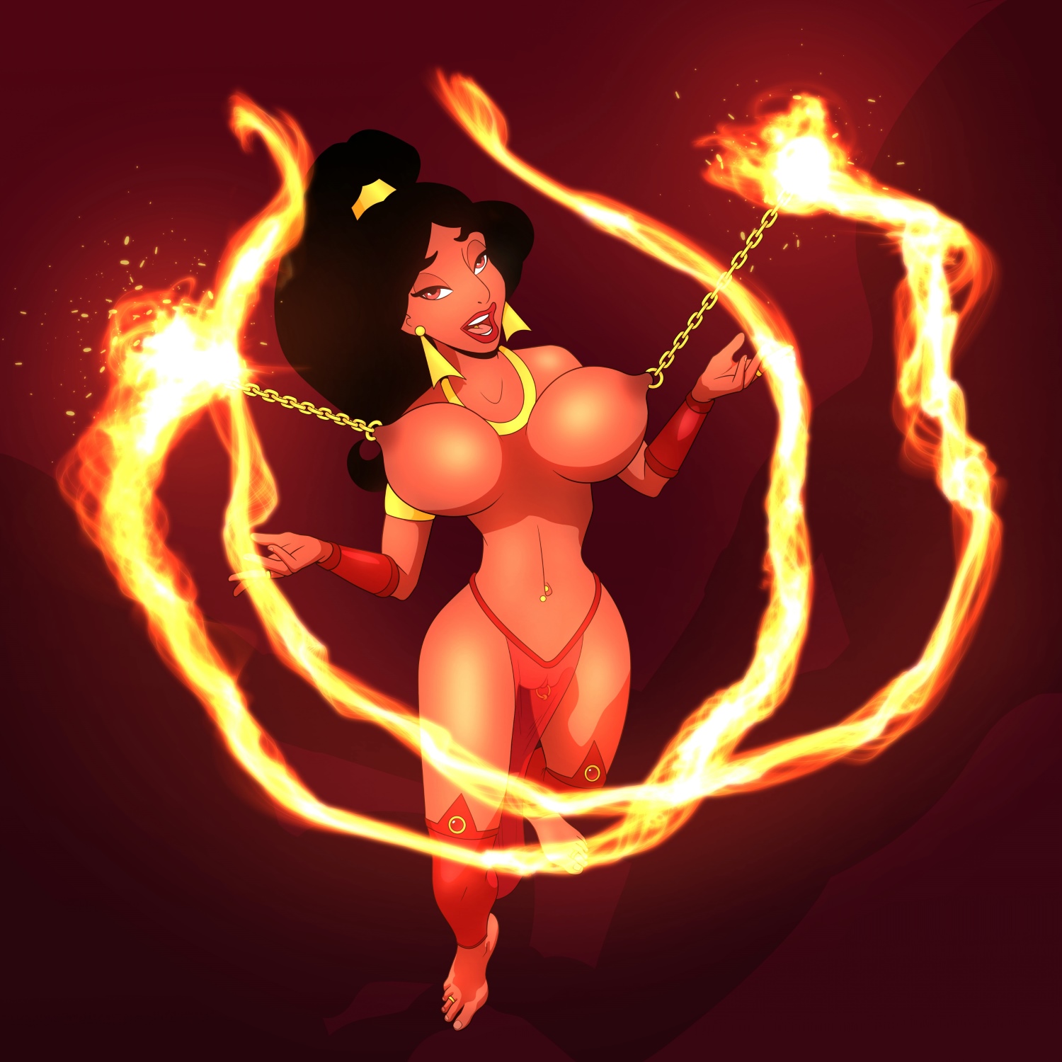 1girls, aladdin, arabian, arabian clothes, bare shoulders, barefoot, belly, belly piercing, black hair, breast lift, breasts, brown eyes, clitoris, clitoris piercing, clitoris ring, dark skin, dark-skinned female, disney, disney princess, earrings, evil queen jasmine, feet, female, female only, fire, flame, full length, harem outfit, hips, huge breasts, human, jewelry, large breasts, legs, lifting breasts, long hair, magic, navel, navel piercing, necklace, nipple piercing, nipple rings, nipples, open mouth, piercing, ponytail, princess jasmine, pussy, rivawi, see-through, shaved pussy, solo, teeth, thighs, tied hair, toe ring, toes, tongue, tongue piercing, topless