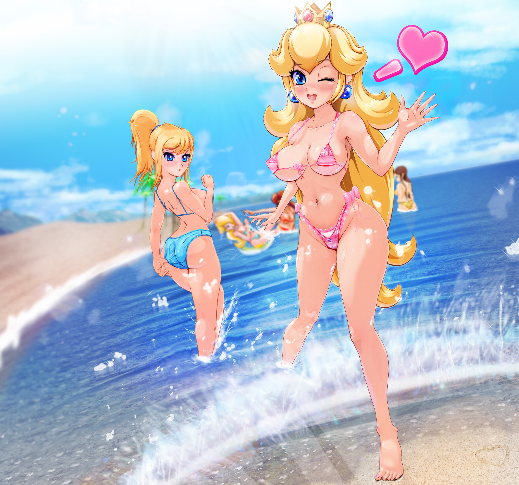 5girls, ass, back, beach, bikini, black-rayal, blonde, blonde female, blonde hair, blue bikini, breasts, bubble ass, bubble butt, character in background, cleavage, crossover, female, female only, full body, hourglass figure, large breasts, long hair, mario (series), metroid, multiple females, multiple girls, nintendo, ocean, partially submerged, pink bikini, princess daisy, princess peach, princess rosalina, princess zelda, samus aran, sand, standing, the legend of zelda, twilight princess, wading, water, zelda (twilight princess)
