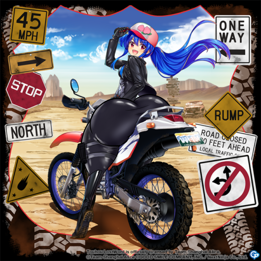 1girls ass ass_focus big_ass big_butt bike biker blue_hair dat_ass dessert dumptruck_ass dumptruck_butt edit edited entirebrother fat_ass fat_butt female female_only hat huge_ass huge_butt latex motorcycle official_art official_artwork_edit rotte_(1109) team_shanghai_alice tenshi_hinanawi thick_ass thick_butt thick_thighs thunder_thighs touhou touhou_lost_word