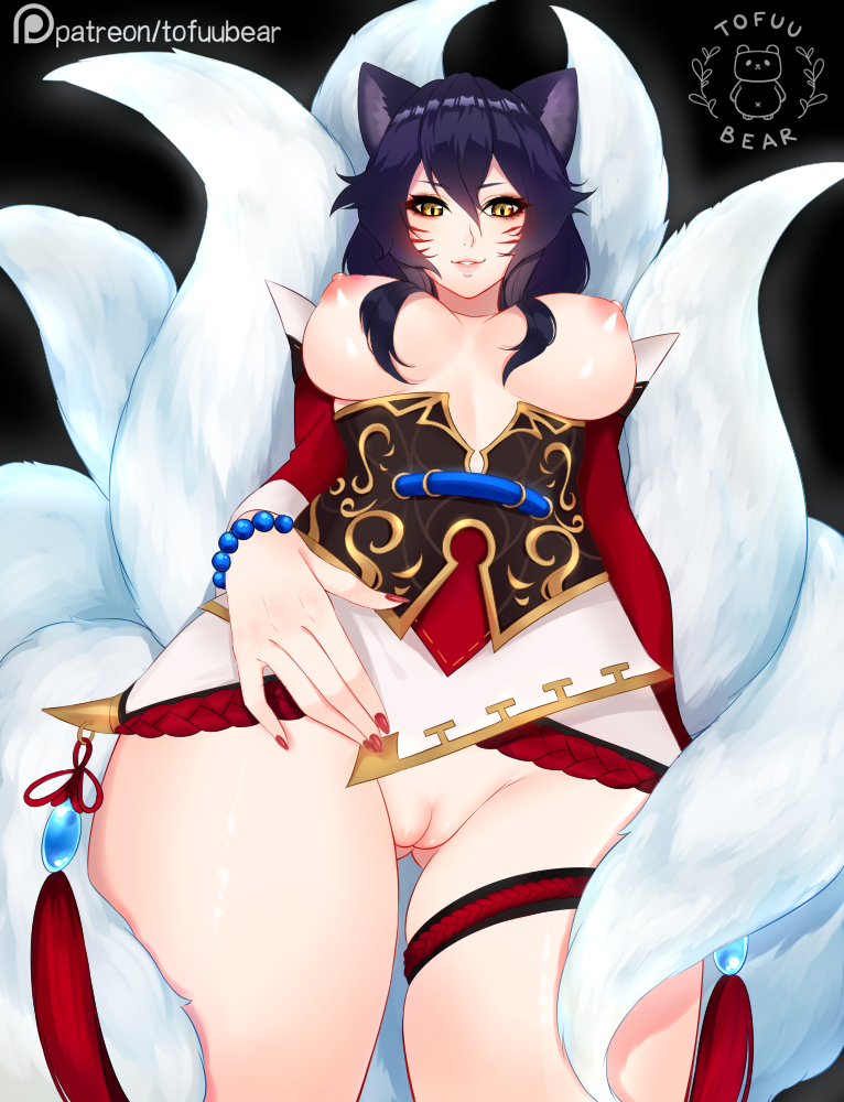 ahri, areolae, big breasts, breasts, female, female only, large breasts, league of legends, looking at viewer, nipples, pussy, skirt, solo, tofuubear, upskirt