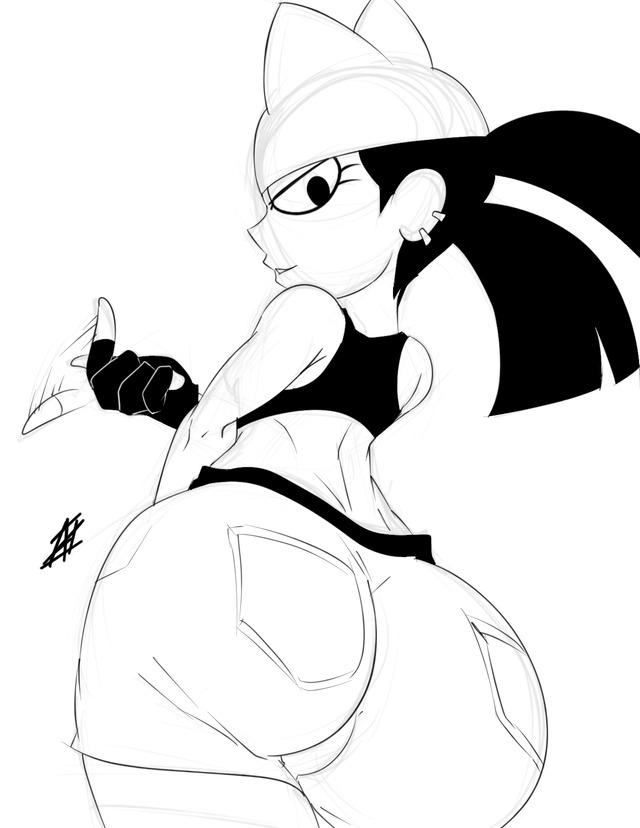 1girls, 2017, artist signature, ass, back, back view, bare shoulders, beanie, big ass, black and white, black hair, come hither, ear piercing, female, female focus, female only, fingerless gloves, from behind, gesture, inuyuru, looking back, looking back at viewer, midriff, my life as a teenage robot, shorts, sleeveless, solo, solo female, solo focus, tiff crust, twintails, white background, wide hips