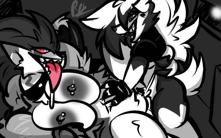 anthro big_breasts bodily_fluids breasts canid canine cum cum_inside dark_room female generation_7_pokemon generation_8_pokemon genital_fluids grabbing grey_body lycanroc male male/female mammal midnight_lycanroc moan moon night nintendo obstagoon penetration pokemon pokemon_(species) roder_vasquez vaginal_penetration werecanid werecanine werewolf