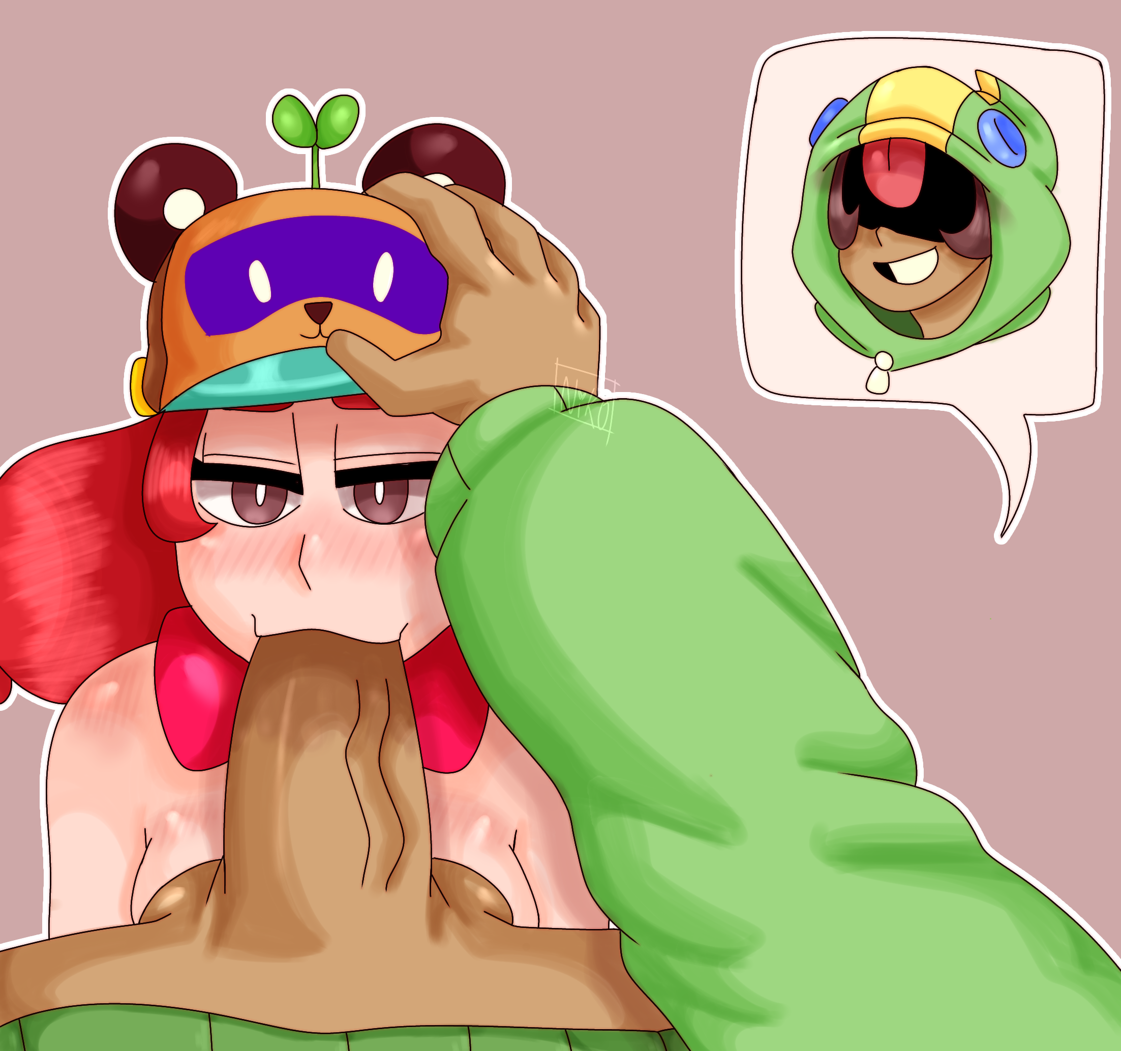 1girls, blowjob, brawl stars, brown eyes, eye contact, female, hand on head, imminent deepthroat, jessie (brawl stars), leon (brawl stars), nyanyamachine, oral, petplay, pink hair, pov, red hair, roleplay, squirrel tail, tanuki jessie (brawl stars), tie, twintails