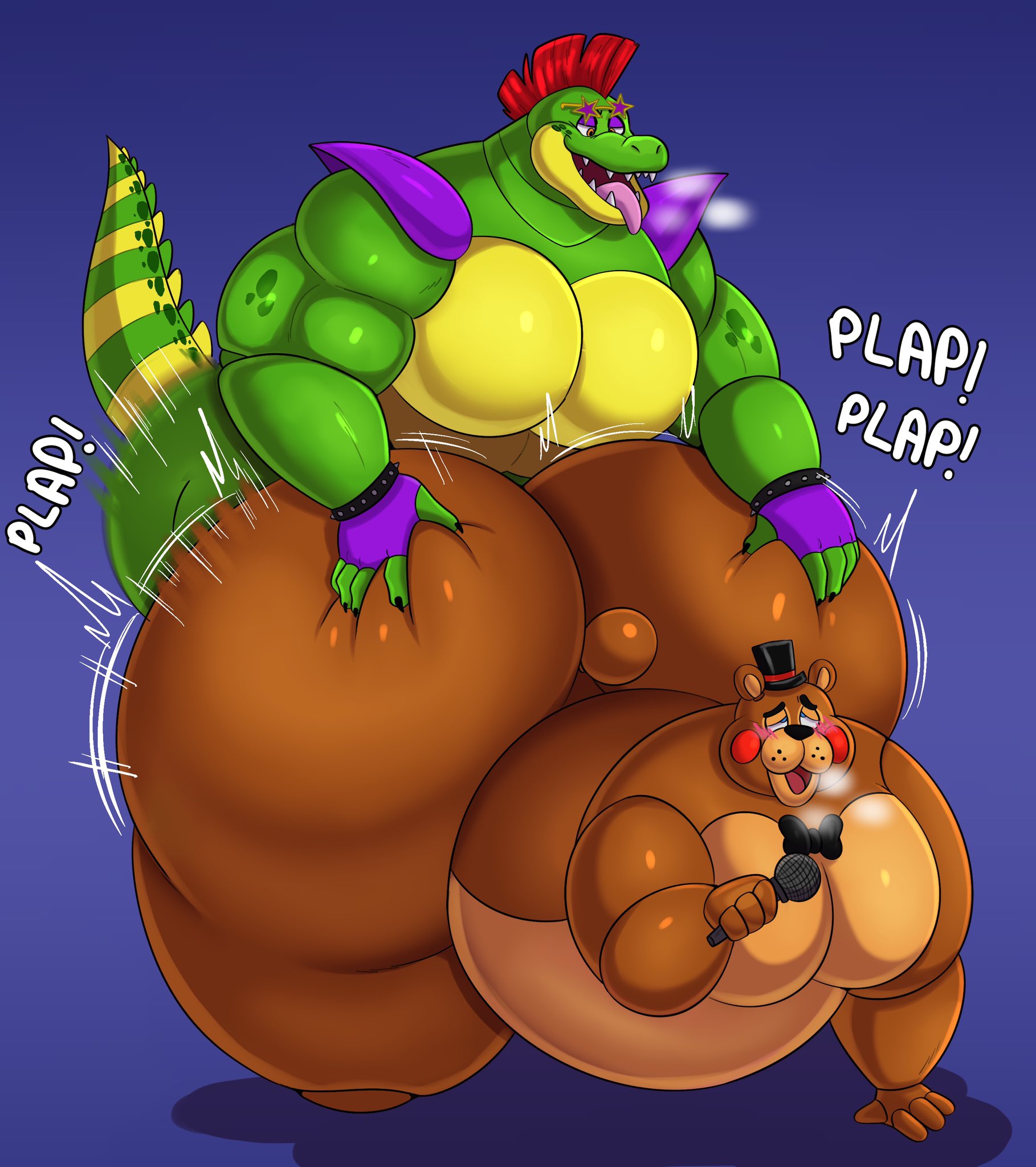 2024, anal, anal sex, anthro, ass, big ass, chubby, chubby belly, chubby male, digital drawing (artwork), digital media (artwork), five nights at freddy's, five nights at freddy's 2, five nights at freddy's: security breach, from behind, from behind position, gay, gay sex, huge ass, huge butt, hyper ass, hyper butt, looking pleasured, male, male anthro, male only, male penetrating, male penetrating male, male/male, megacoolbear (artist), montgomery gator (fnaf), muscular, muscular male, nude, overweight, scottgames, sex, sex from behind, simple background, spiked, spiked tail, steel wool studios, tail, thrusting, thrusting into ass, toy freddy (fnaf), very muscular