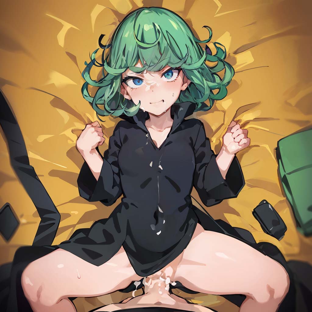 1boy, 1girls, 2d, ahe gao, ai generated, bed, breasts, color, cowgirl position, cum, cum in pussy, cum inside, female, female focus, green eyes, green hair, male, naked, nsfwworks.ia, one-punch man, penetration, petite, plump labia, pussy, sex, skinny, small breasts, stable diffusion, straight, tatsumaki