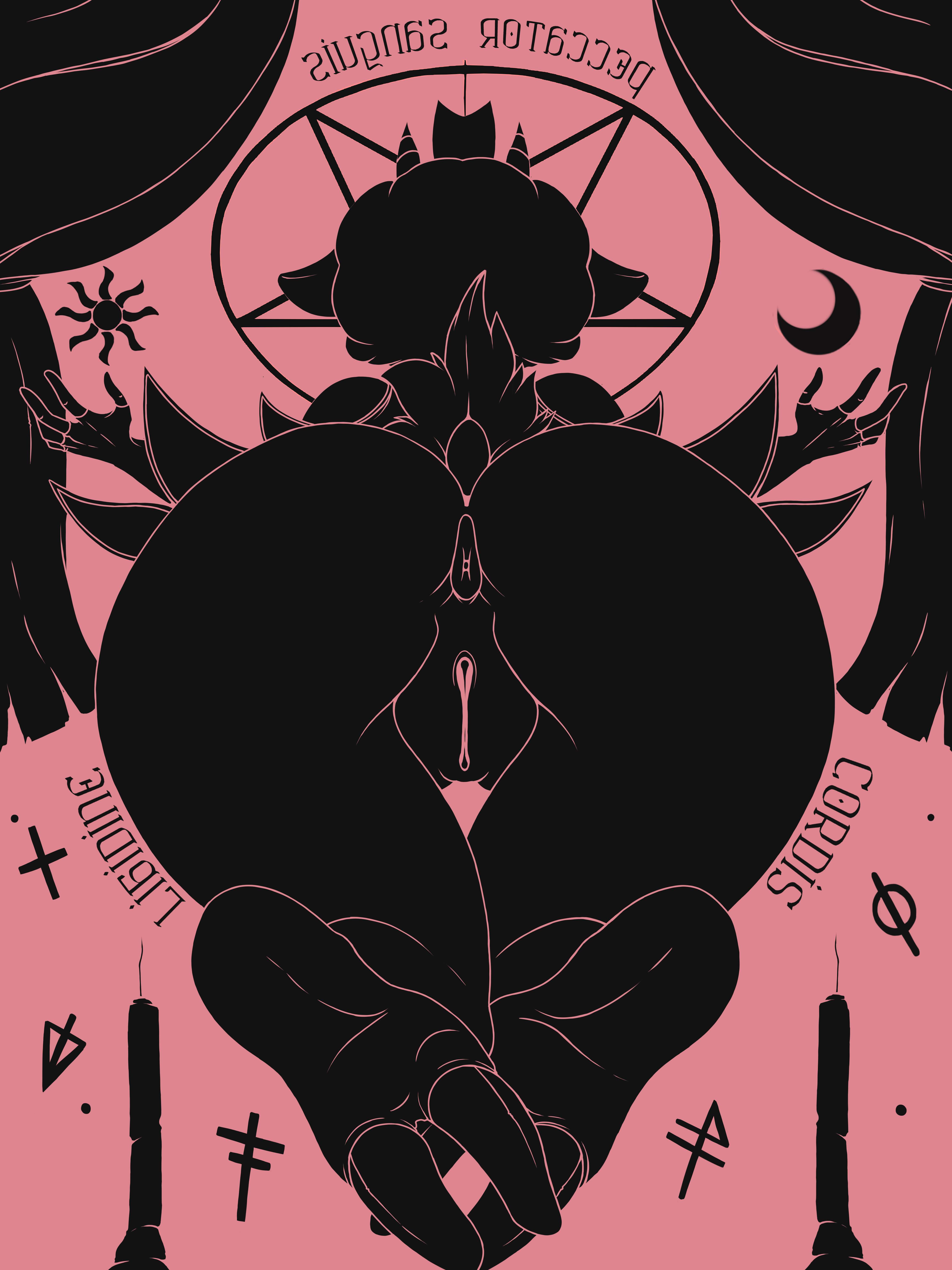 anus, ass, big ass, big breasts, black fur, breasts, cult of the lamb, demon, demon girl, female, greey, lamb (cult of the lamb), pussy, sheep