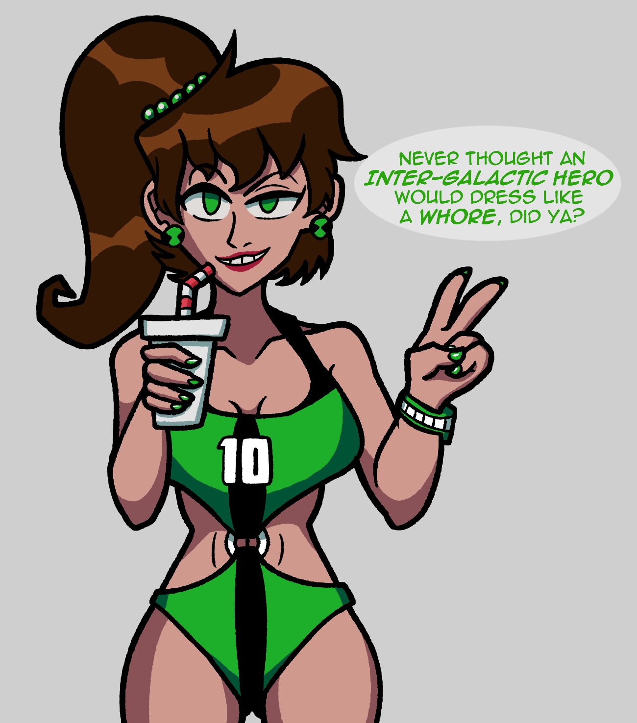 arrogant ben_10 ben_tennyson drink drinking female female_ben green_clothing green_eyes jen_tennyson rings rule_63 slumburger swimsuit text text_bubble