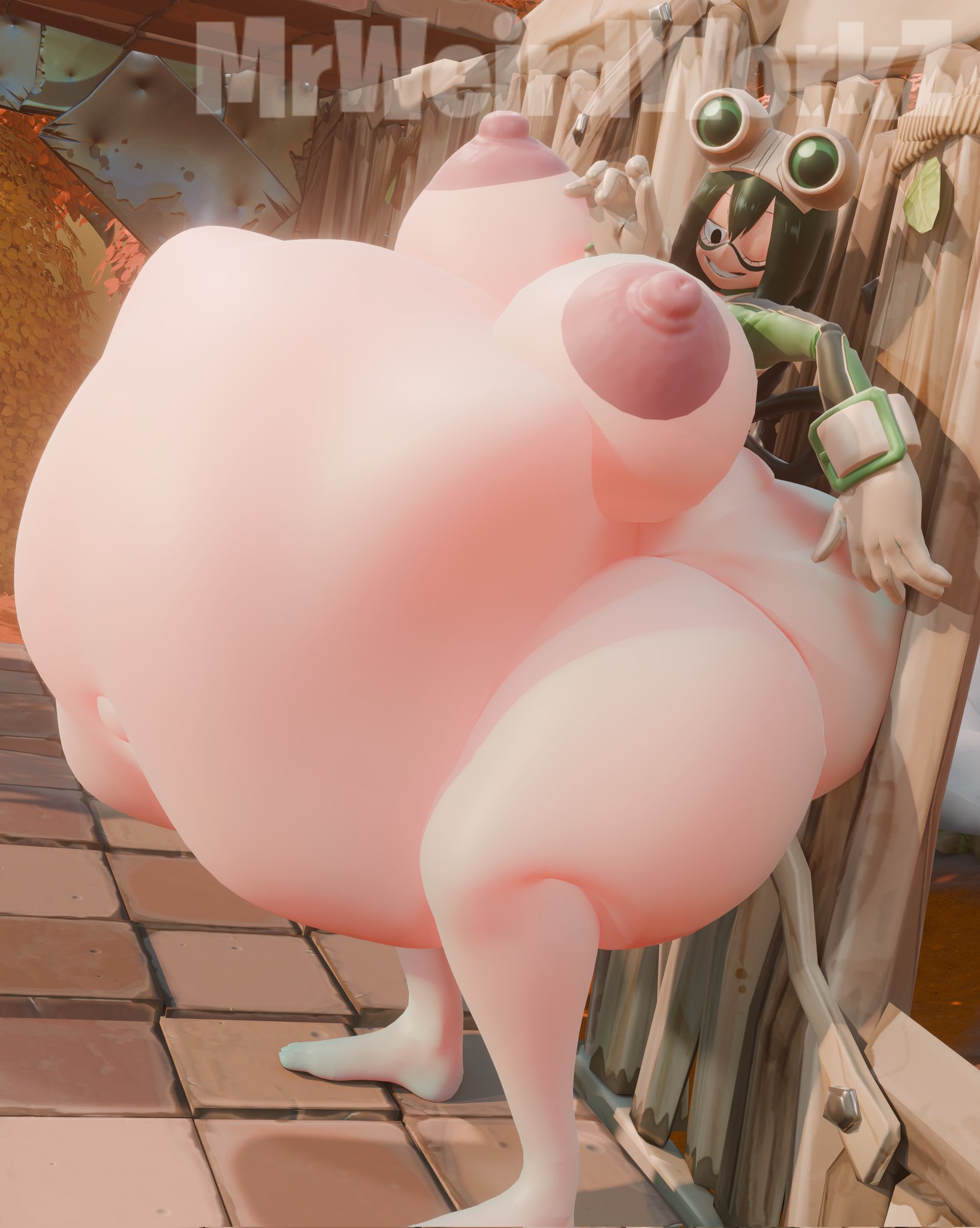 2girls, barefoot, black pupils, breasts, fat thighs, female, female pred, frog girl, goggles, green hair, huge areolae, huge belly, huge breasts, huge hips, huge tits, hyper, hyper belly, hyper breasts, mrweirdworkz, my hero academia, prey shaped bulge, smiling, struggling prey, tagme, tsuyu asui, vore, vore belly, weirderworkz, winking