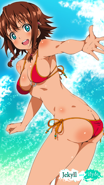 1girls amy_(suisei_no_gargantia) aqua_eyes ass_cheeks ass_cleavage ass_focus bare_arms bare_back bare_legs bare_midriff bare_shoulders bare_thighs belly_button bikini bikini_bottom bikini_top blue_sky blushed_face brown_hair cleavage clouds female female_only hairclip human inner_sideboob midriff navel open_mouth red_bikini red_bikini_bottom red_bikini_top red_hairclip short_hair sideboob solo suisei_no_gargantia tan_skin thick_thighs