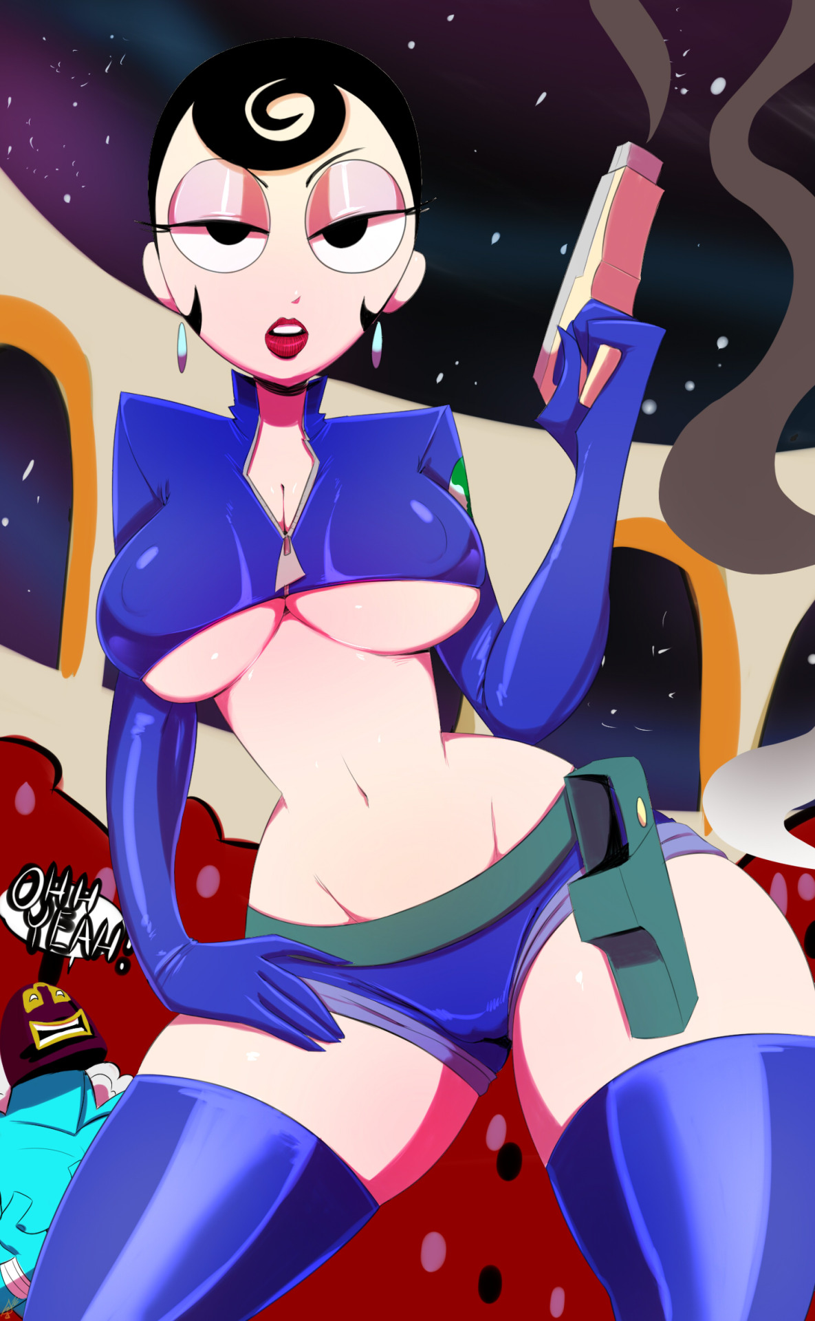 1girls, agent honeydew, black eyes, black hair, blue legwear, breasts, cartoon network, dexter's laboratory, dial m for monkey, earrings, eyebrows, eyelashes, eyeshadow, female, gun, half-closed eyes, hips, large breasts, legwear, lipstick, looking at viewer, makeup, open mouth, pink lipstick, shiny, shiny skin, shorts, stomach, thehumancopier, thick thighs, thighs, underboob, weapon