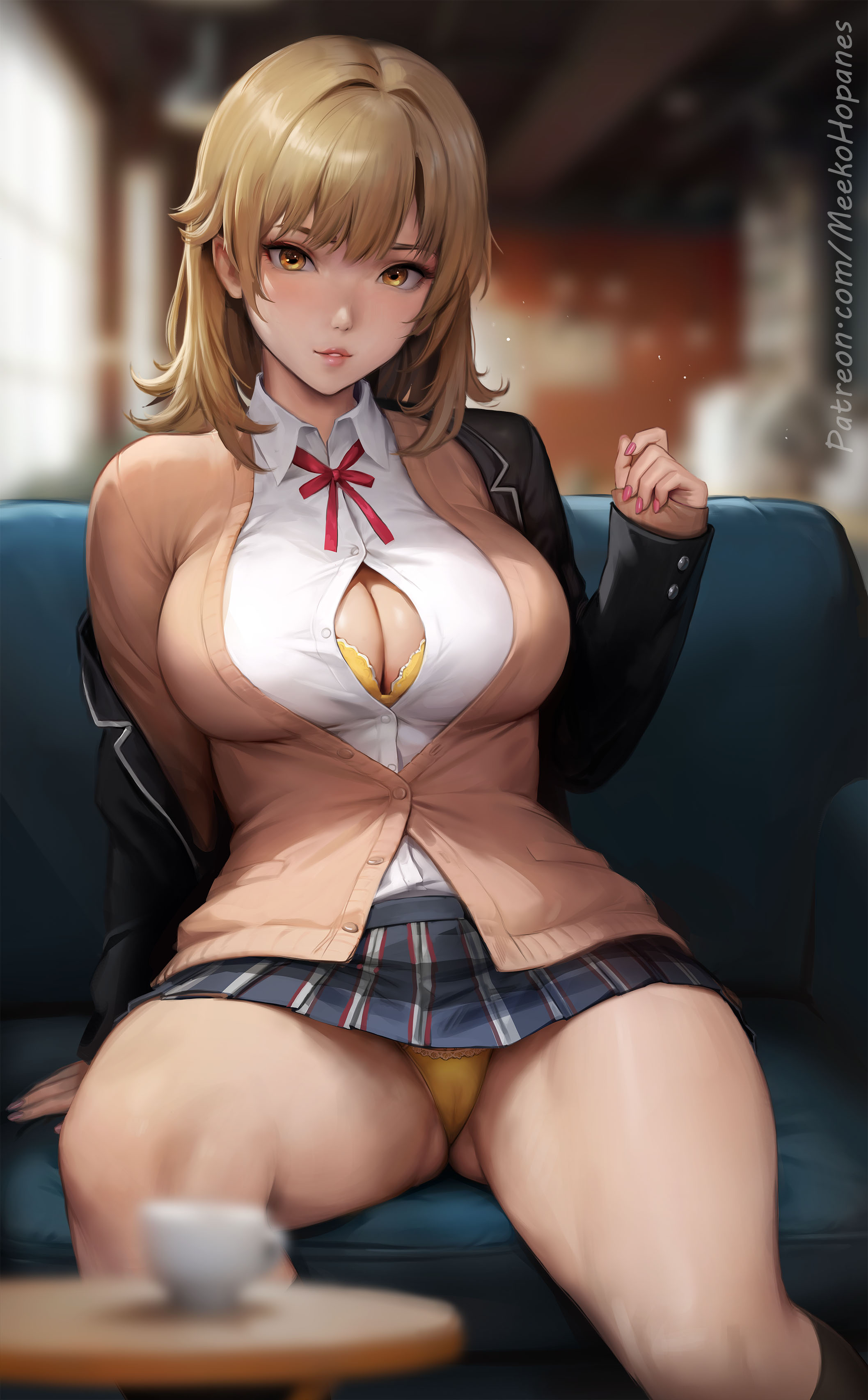 1girls, absurd res, absurdres, arm support, athletic, athletic female, bangs, big breasts, blonde hair, bra, breasts, brown eyes, busty, cafe, cardigan, cleavage, clothed, clothed female, clothing, cute face, female, female focus, female only, fit, fit female, high resolution, highres, huge breasts, indoors, isshiki iroha, jacket, large breasts, light brown eyes, light skin, light-skinned female, looking at viewer, meekohopanes, miniskirt, my teen romantic comedy snafu, panties, school uniform, schoolgirl, shirt, shoulder length hair, sitting down, skirt, solo, solo female, solo focus, table, thick thighs, thighs, underwear, very high resolution