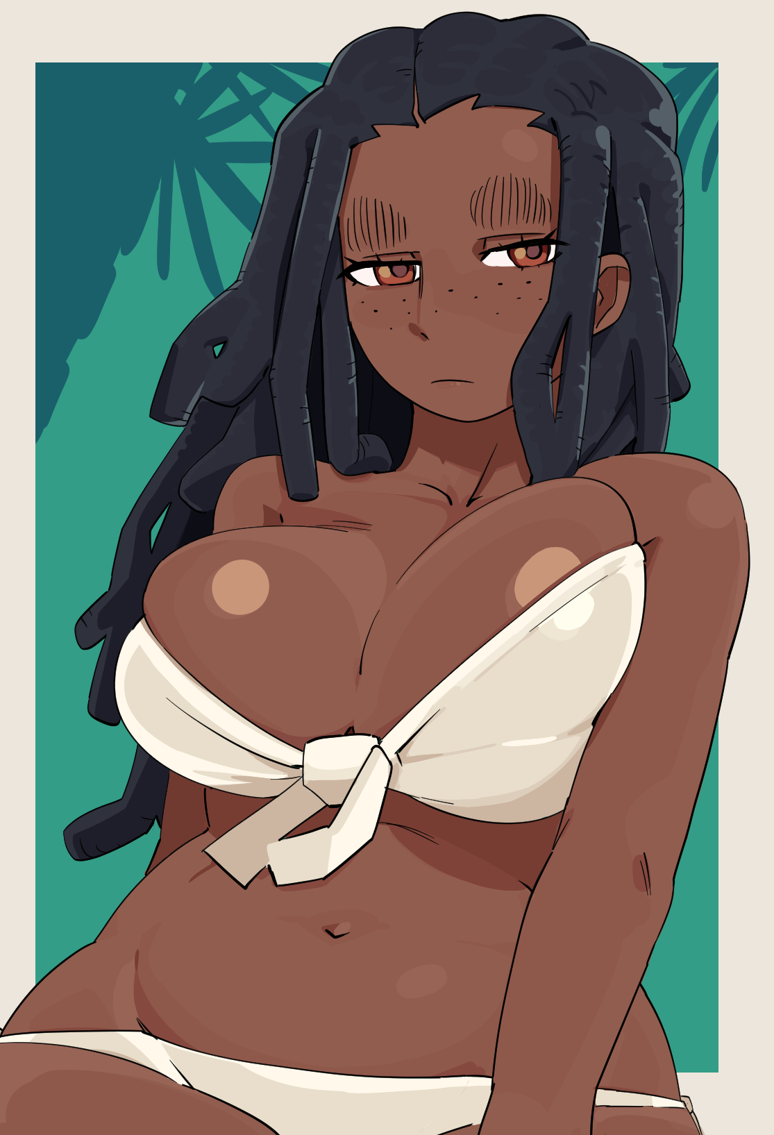 1girls, breasts, brown eyes, dark skin, dark-skinned female, dreadlocks, female, freckles, gigi (whoopsatro), large breasts, original, original character, pickle147, solo, underwear, wide hips