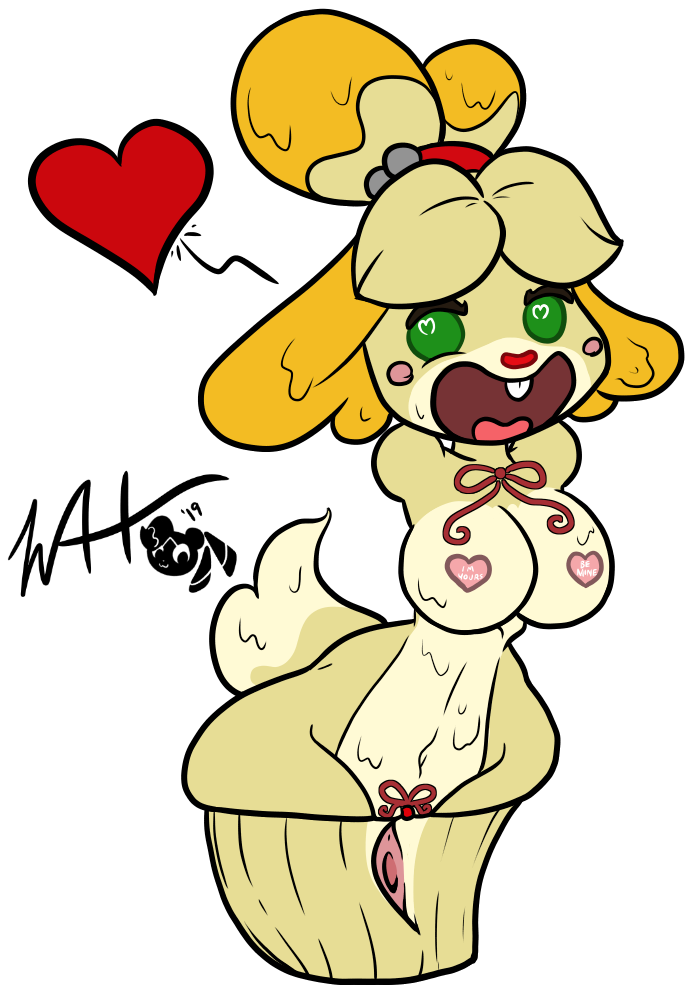 animal_crossing anthro blonde_hair breasts canid canine canis cupcake domestic_dog food food_creature food_transformation heart isabelle_(animal_crossing) mammal muniversalarts navel nintendo nipples open_mouth ponytail transformation yellow_body yellow_fur