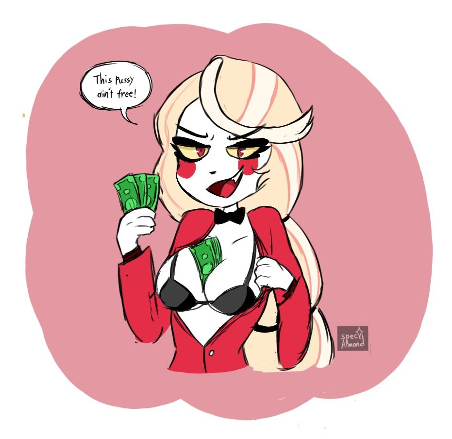 black_bra blonde blonde_hair bra charlie_morningstar_(hazbin_hotel) cleavage female hazbin_hotel money money_in_cleavage red_eyes specalmond text twitter