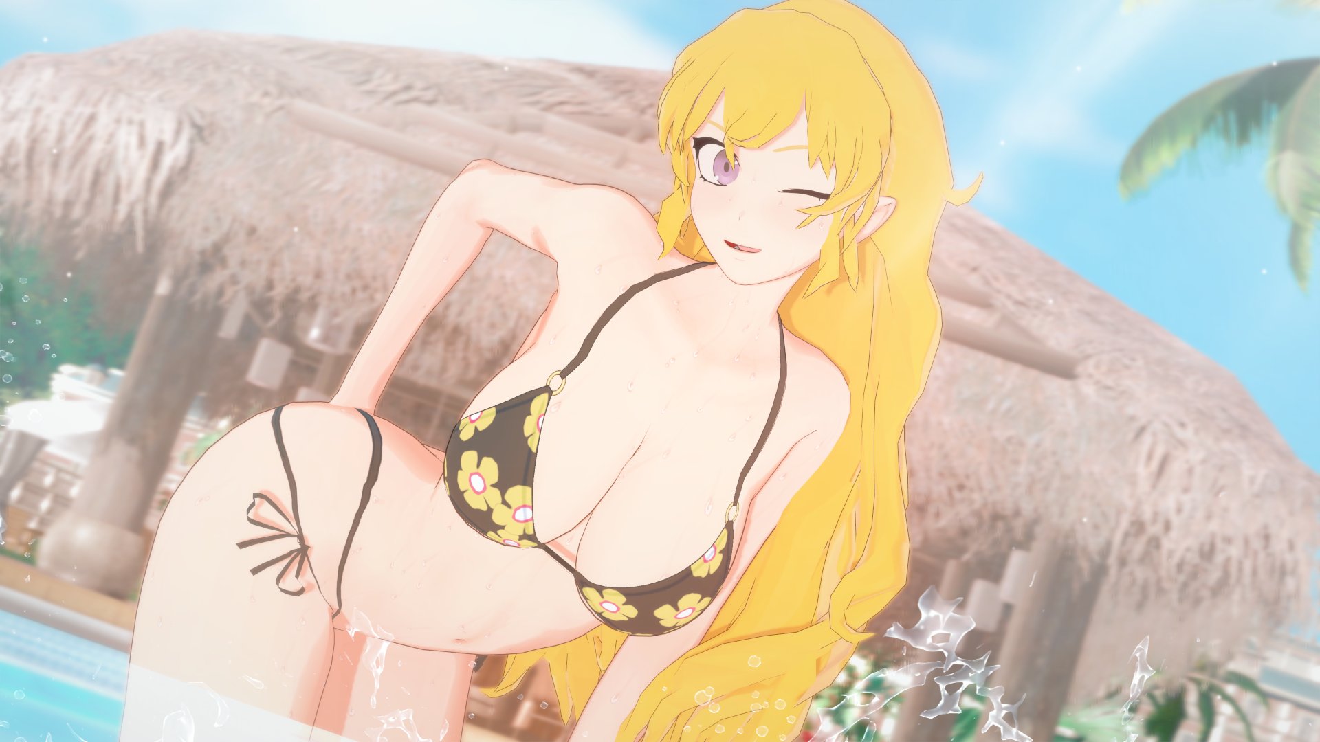 1girls, 3d, bent over, big breasts, bikini, blonde hair, breasts, cleavage, confident, cosplay, female, hand on hip, kitagawa marin (cosplay), large breasts, leaning forward, long hair, looking at viewer, nyxxzeiss, one eye closed, open mouth, pool, pose, posing, purple eyes, rwby, smile, solo, sono bisque doll wa koi wo suru, water, wink, yang xiao long