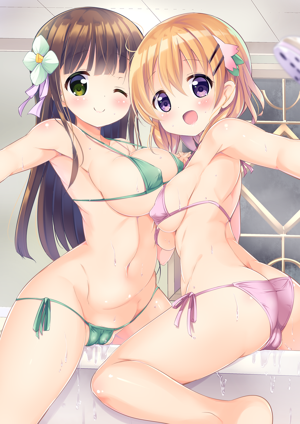 2girls ass bikini blonde_hair blush breasts brown_hair erect_nipples gochuumon_wa_usagi_desu_ka? green_bikini green_eyes hair_ornament hoto_cocoa kurou_(quadruple_zero) large_breasts long_hair looking_at_viewer medium_breasts multiple_girls navel one_eye_closed open_mouth outstretched_arm purple_bikini purple_eyes short_hair shower_head smile swimsuit ujimatsu_chiya wet