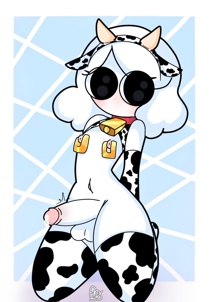 1boy 1femboy artist_signature big_balls big_eyes big_penis black_eyes choker cow_bell cow_bikini cow_ears cow_horns cow_print cow_print_armwear cow_print_thighhighs cowkini cum_on_penis femboy femboy_only floxnilsen hi_res highres nipple_piercing white_body white_hair white_skin xiaro xiarorule youtube youtuber