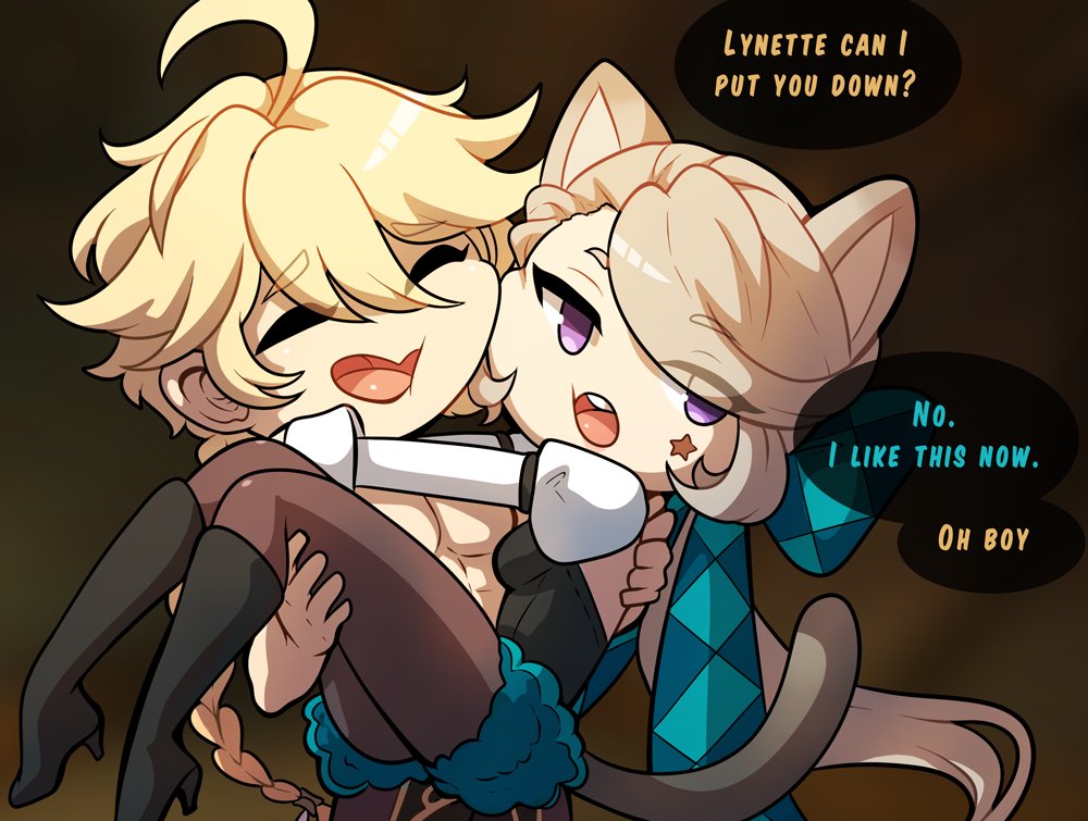 1boy, 1girls, aether (genshin impact), athletic, athletic male, carrying, carrying partner, cat ears, cat girl, cat tail, catgirl, cute, english text, female, fully clothed, genshin impact, kinkymation, lynette (genshin impact), male, princess carry, safe for work, smile, tail, text, wholesome