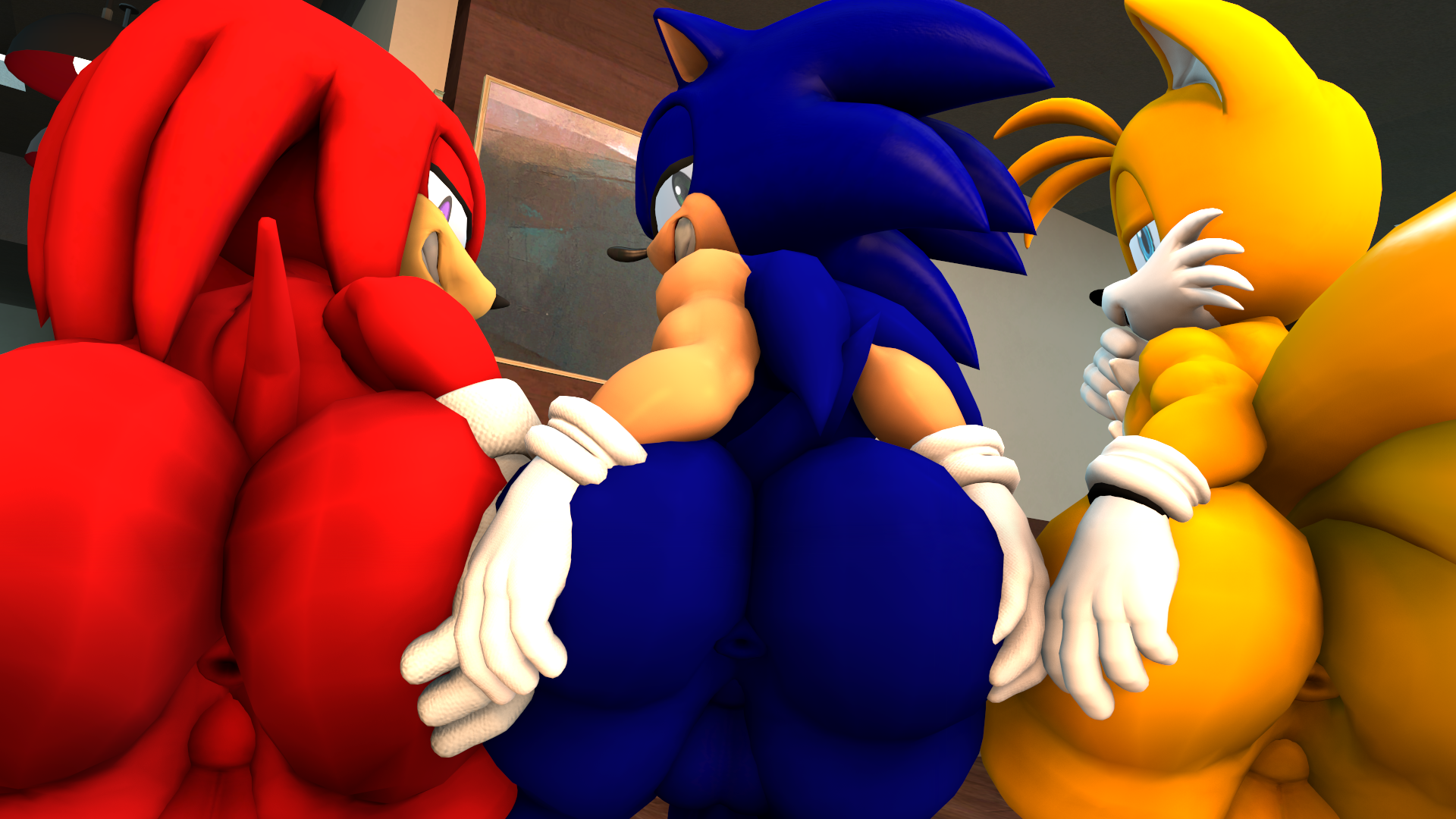 3boys, 3d, anthro, anus, ass, ass focus, big ass, big butt, bubble ass, bubble butt, doppoarts, echidna, femboy, fox, furry, hedgehog, huge ass, huge butt, knuckles the echidna, male, male only, sega, sonic (series), sonic the hedgehog, sonic the hedgehog (series), tails, tails the fox
