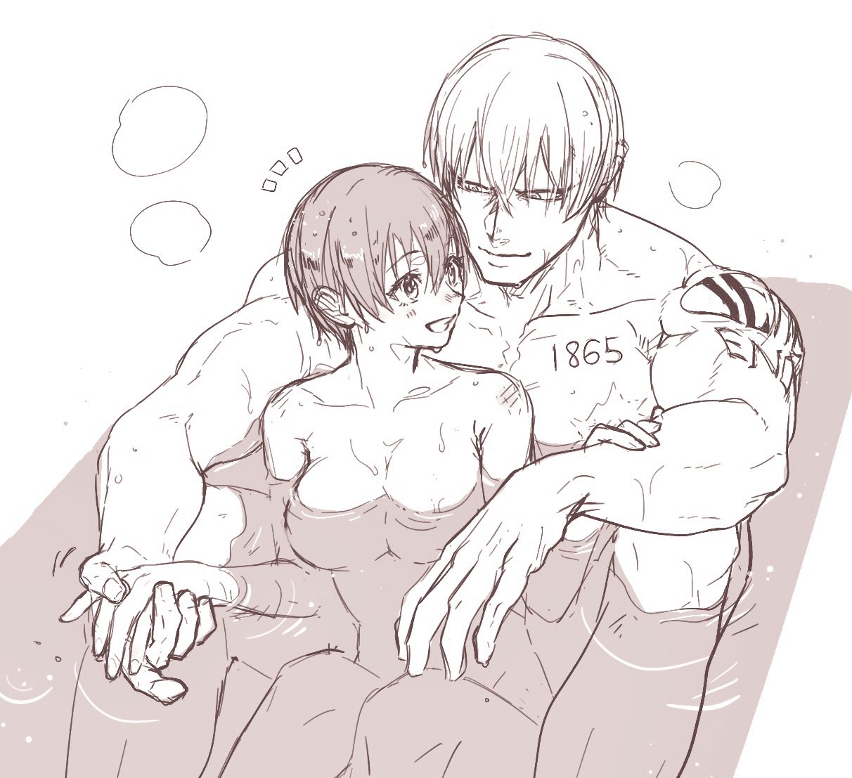aluco klk, andy (undead unluck), bath, breasts, female, izumo fuuko, nude, tagme, undead unluck, very short hair, wholesome