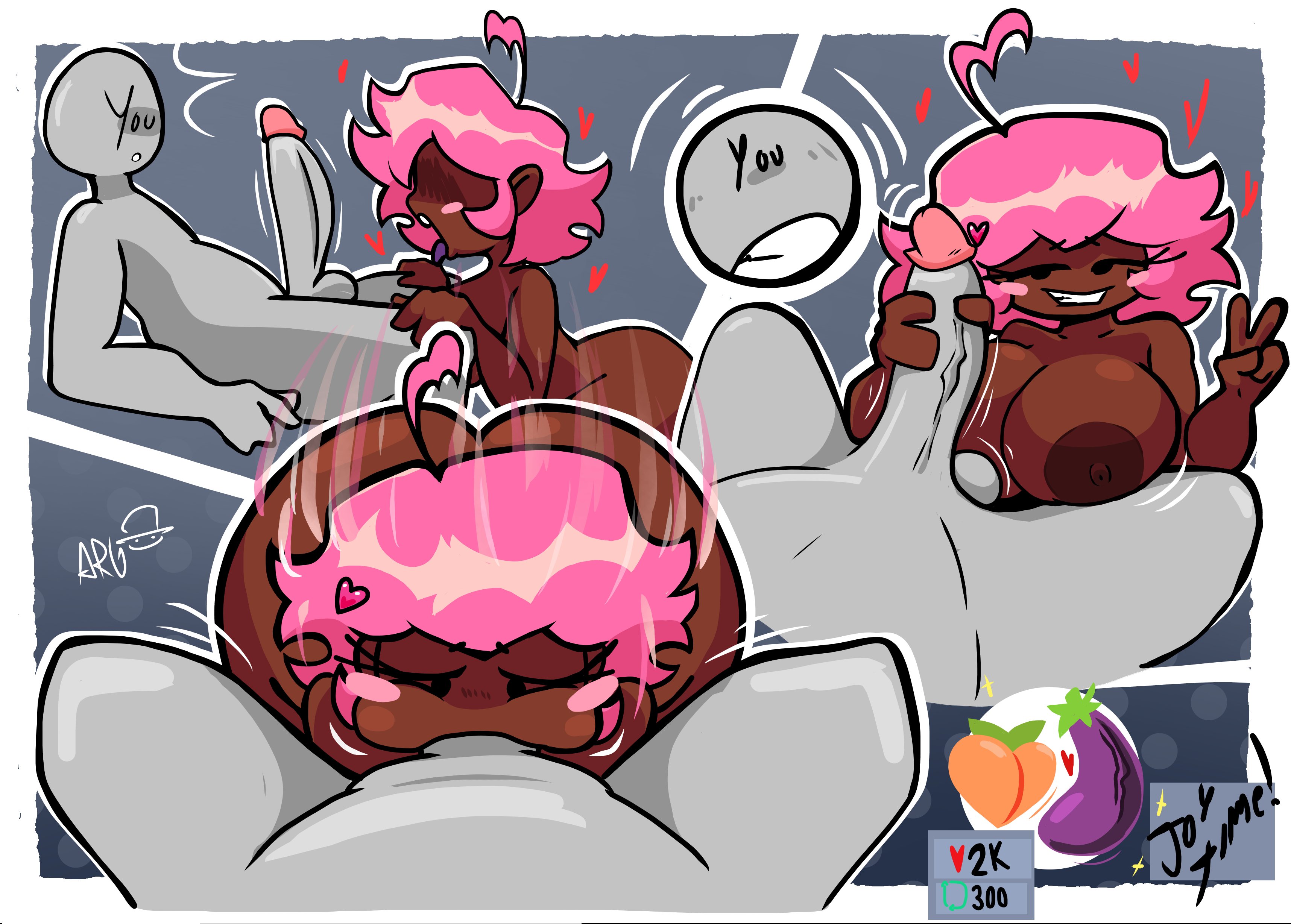 ahoge, among us reference, anon, anonymous character, artist logo, artist signature, ass, backass, bedroom eyes, big ass, big breasts, blowjob, blue background, blush, breasts, brown areola, brown nipples, brown skin, casual nudity, cheeks full, choking, choking on cock, cock vein, cum in mouth, cumming, cumming in mouth, eggplant, eli drawings0, erect penis, erection, fat ass, female, friday night funkin, friday night funkin mod, gray skinned male, grey skin, handjob, huge ass, huge breasts, impostor human hijinks, interaction drive, jaden (charles e 507), jaden (impostor human hijinks), large breasts, male, no cum, not vs human impostor thank you very much, nude, peace sign, peach (fruit), penis, pink hair, pink-haired female, polka dot background, puffy cheeks, purple tongue, short hair, teasing, tongue, tongue out, vein, veins, veiny penis, vs impostor