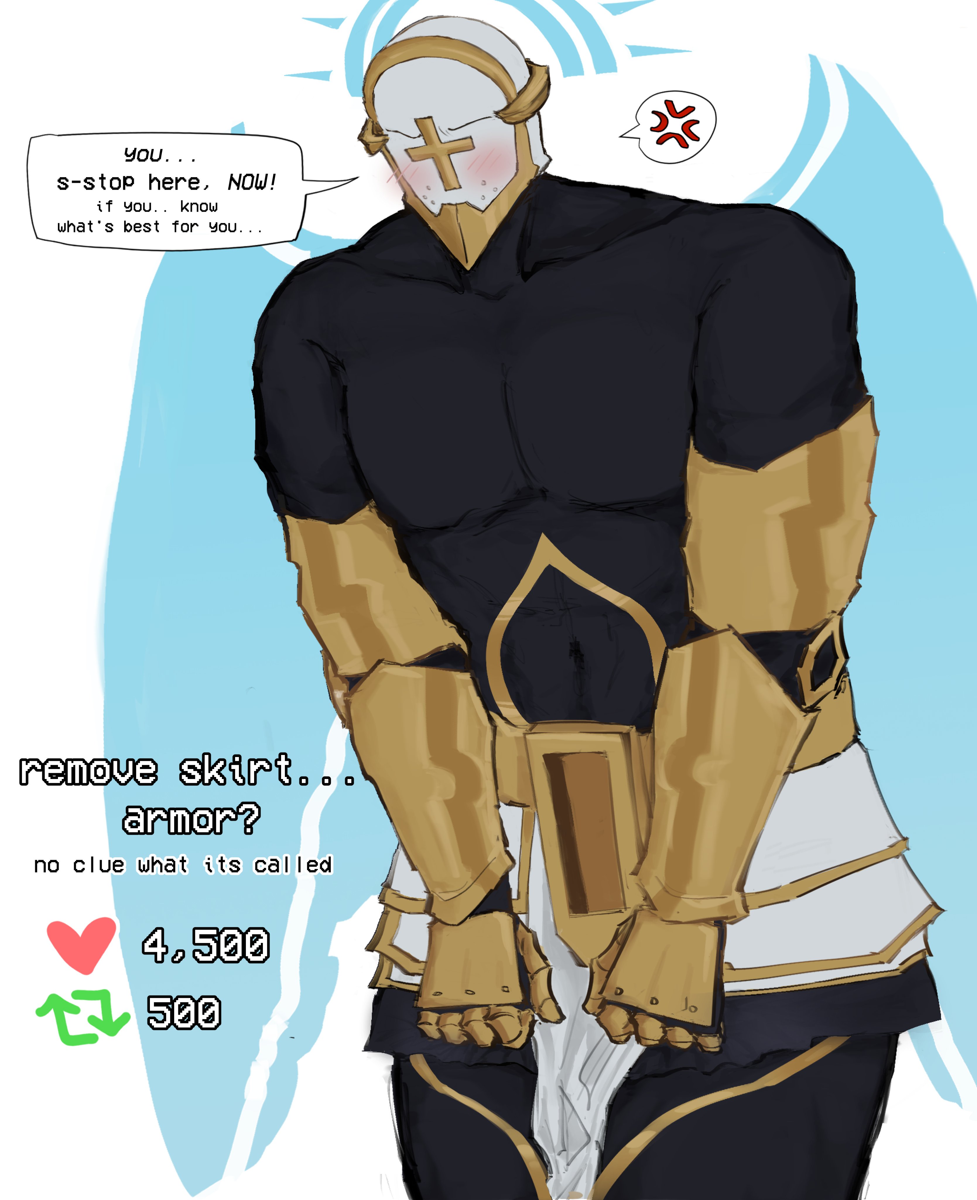 1boy, abs, angry, black skin, blush, gabriel (ultrakill), helmet, knight, knight helmet, male, male only, muscles, muscular, muscular male, new blood interactive, strip game, text, twitter strip game, ultrakill