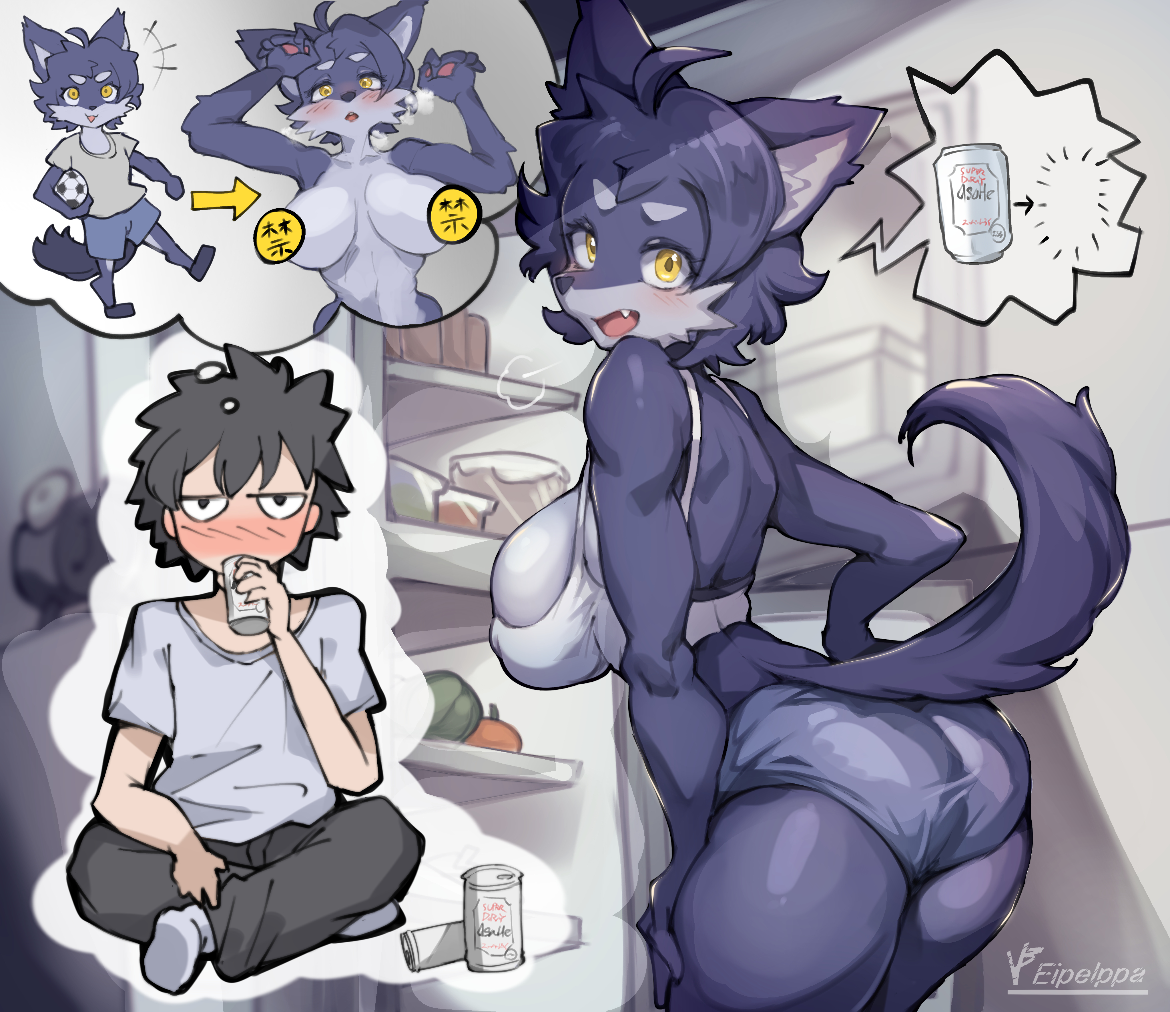 :d, 1boy, 1girls, 2023, absurd res, age progression, aged up, anthro, aroused, belly, big breasts, black hair, blue body, blue fur, blue hair, blush, blush lines, booty shorts, bra, breasts, breath cloud, canid, canine, canis, censored, childhood friend, chinese text, choker, drink, drinking, ear, eipelppa, eyebrows, eyelashes, female, female focus, football, fur, furry, growth sequence, hair, hi res, hips, huge breast, human, iepelppa, iparuputsua, ipelppa, large breasts, light skin, looking at viewer, looking back, male, mammal, massive breasts, muscular, muscular female, naked, oc, original, shirt, shorts, sitting, speech bubble, sweat, tail, tank top, thought bubble, time skip, tomboy, tomboy feminized, topwear, wide hips, wolf, yellow eyes