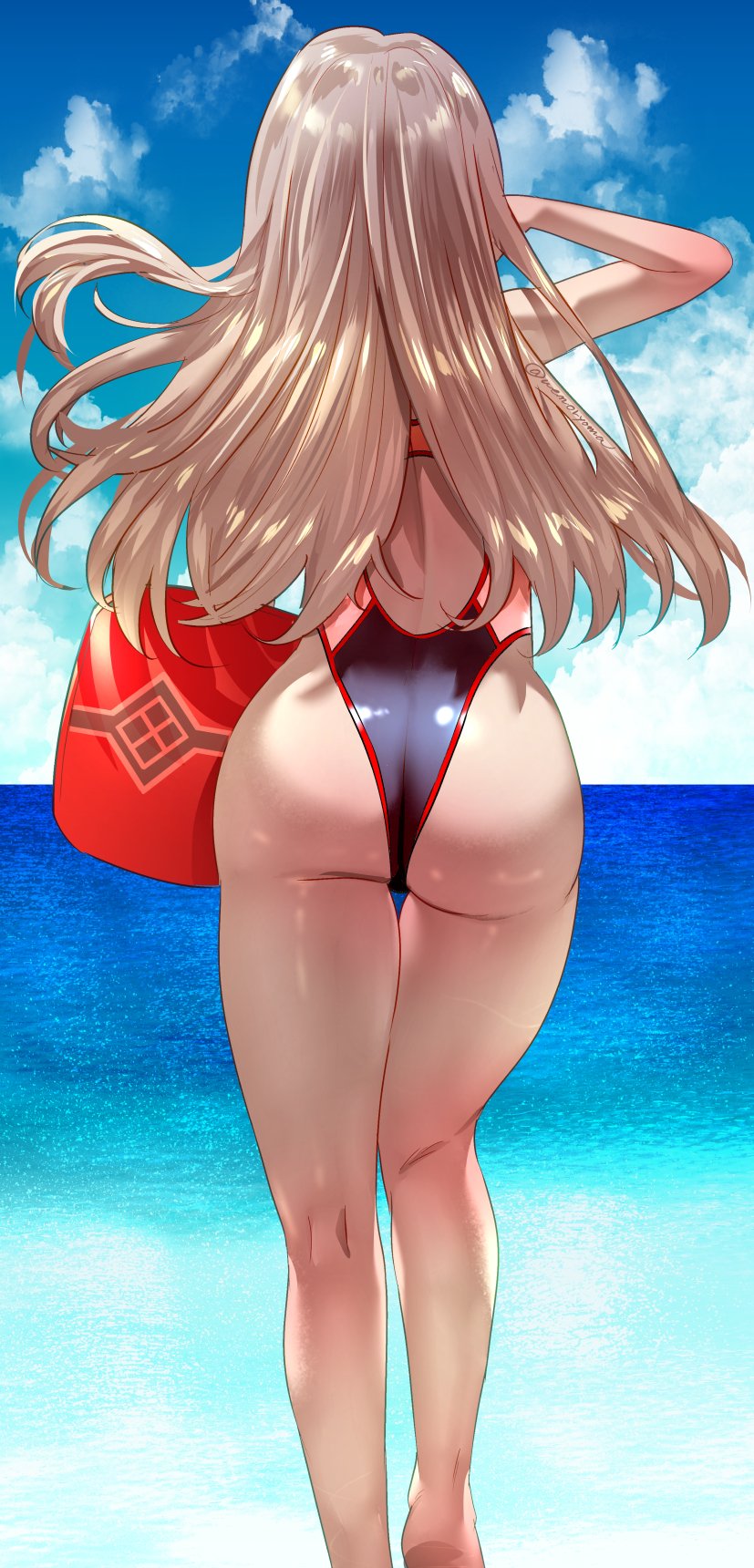 ass ass_focus ass_grab back bare_arms bare_legs bare_shoulders barefoot black_one-piece_swimsuit blue_sky brown_hair day female from_behind goddess_of_victory:_nikke hand_in_own_hair highres huge_ass long_hair ocean one-piece_swimsuit open_mouth orange_eyes rapi_(classic_vacation)_(nikke) rapi_(nikke) shiny_clothes shiny_skin simple_background sky solo swimsuit thighs twitter_username uenoryoma very_long_hair water wide_hips