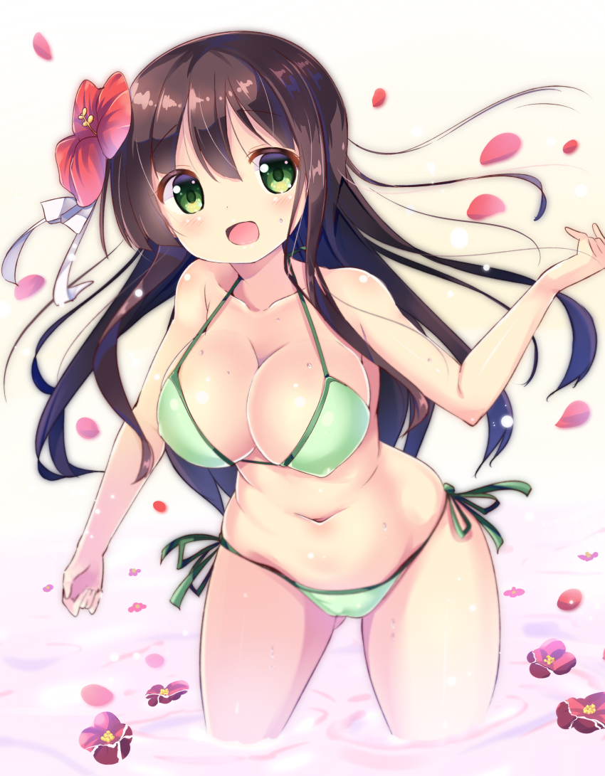 absurdres bikini breasts brown_hair cleavage female flower gochuumon_wa_usagi_desu_ka? green_bikini green_eyes hair_flower hair_ornament hibiscus kurou_(quadruple_zero) large_breasts long_hair navel open_mouth side-tie_bikini smile solo swimsuit ujimatsu_chiya wading water wet