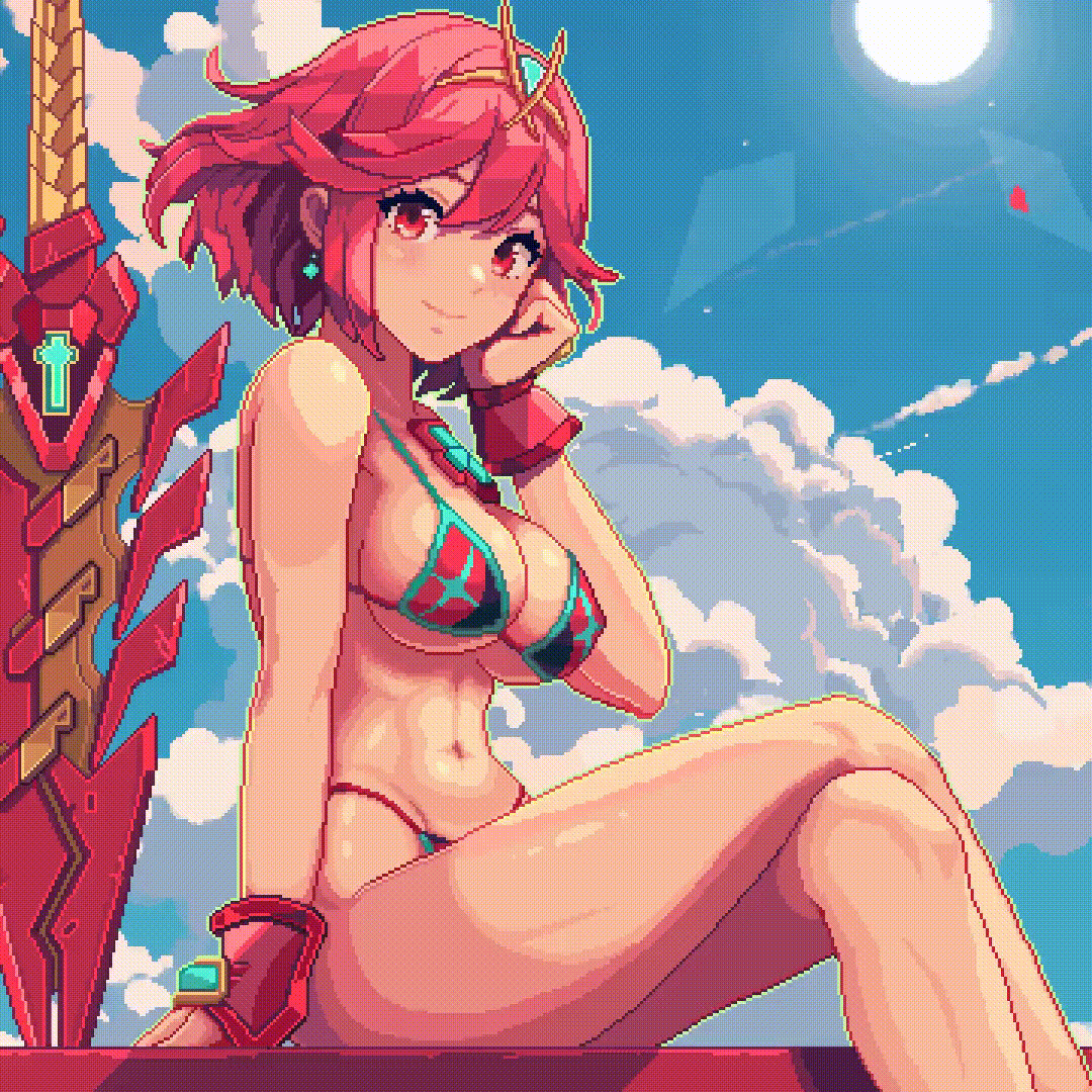 1girls, alternate costume, alternate version available, animated, big breasts, bikini, bikini bottom, bikini top, blinking, blonde hair, breasts, cleavage, female, female only, hair, hair ornament, hips, huge breasts, itzah, micro bikini, nails, nintendo, pixel animation, pixel art, pyra, red bikini, red eyes, short hair, sitting, smile, solo, solo female, swimwear, topwear, xenoblade (series), xenoblade chronicles 2