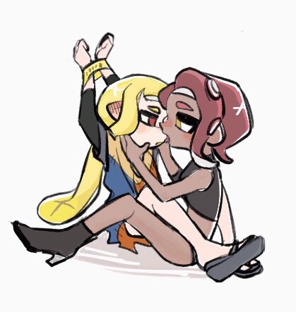 2girls, agent 3 (splatoon), agent 8 (splatoon), arms up, boots, captain (splatoon 3), chocolate and vanilla, dark skin, female, hands tied, imminent kiss, lesbian, lesbians, nintendo, open mouth, pale skin, red eyes, red hair, sandals, splatoon, splatoon (series), splatoon 2, splatoon 2: octo expansion, splatoon 3, splatoon 3: return of the mammalians, yellow eyes, yellow hair, yuri