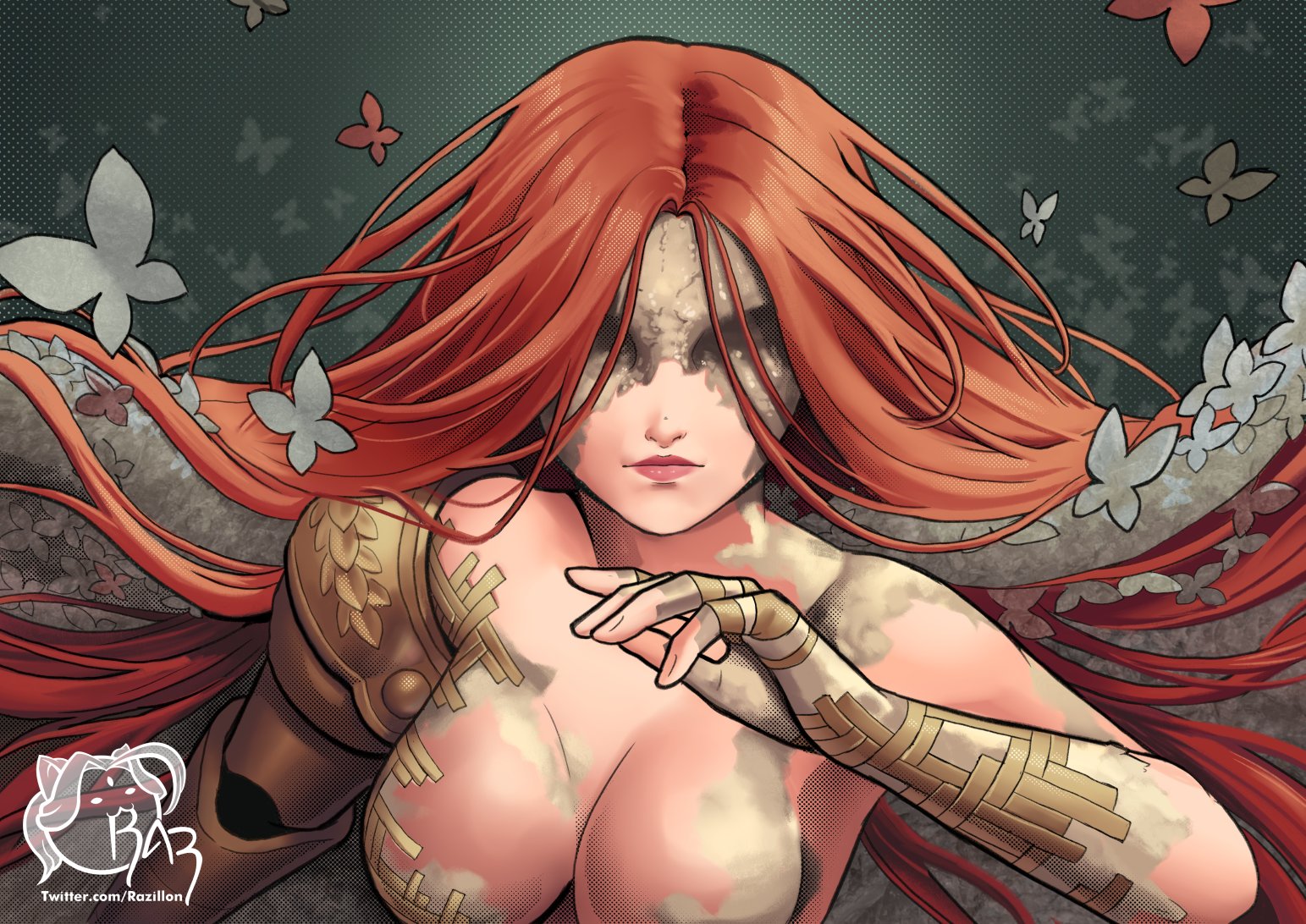 armor, big breasts, breasts, elden ring, female, female only, fromsoftware, light skin, light-skinned female, malenia blade of miquella, milf, nude, prosthetic, razillon, red hair
