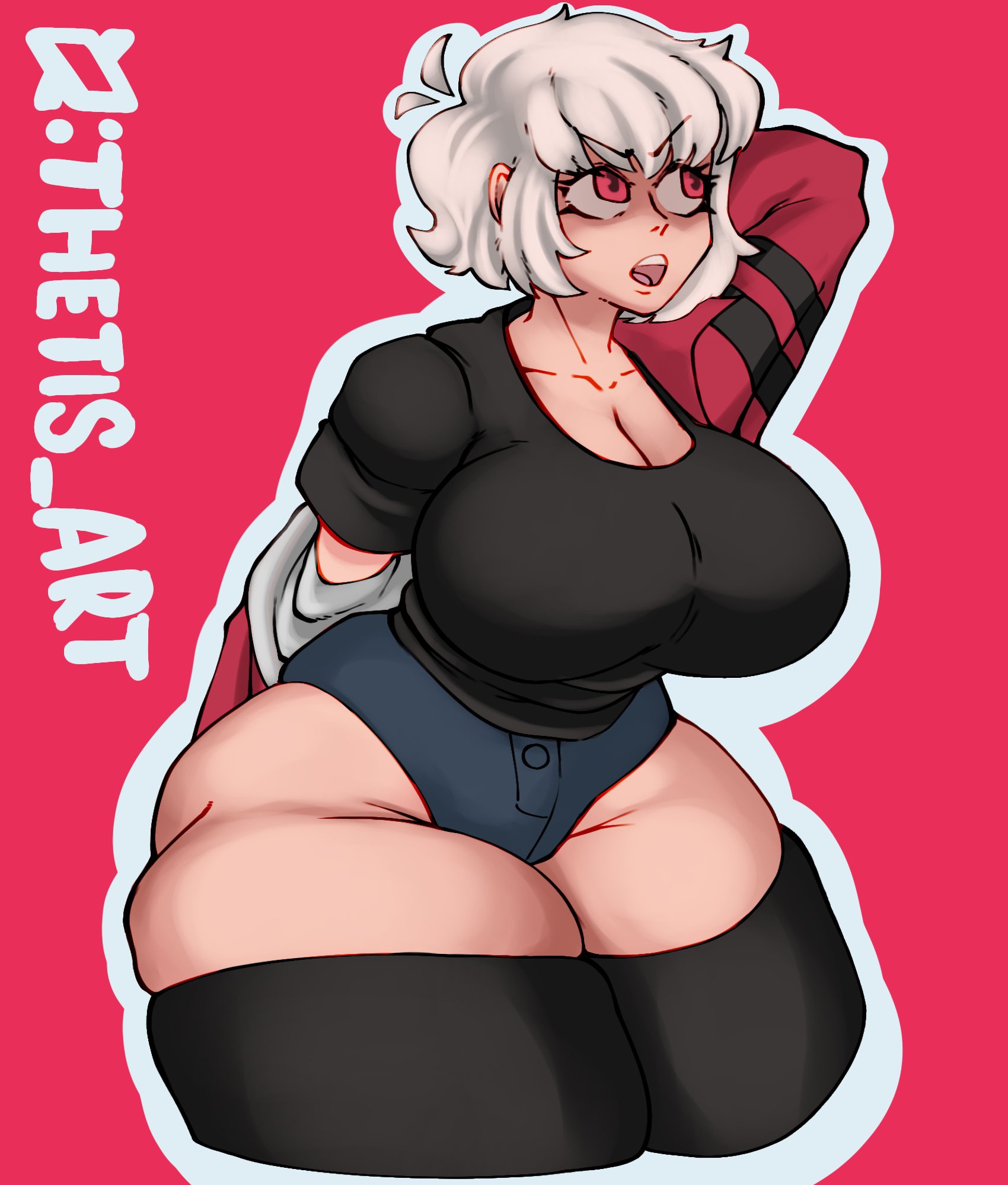 ahoge, albedo (ben 10), albedo (chaquetrix), ben 10, blue shorts, bottom heavy, breasts, chaquetrix, cleavage, female, huge breasts, human, jean shorts, open mouth, red background, red eyes, rule 63, short hair, solo, thetis (artist), thick thighs, voluptuous, white hair, wide hips