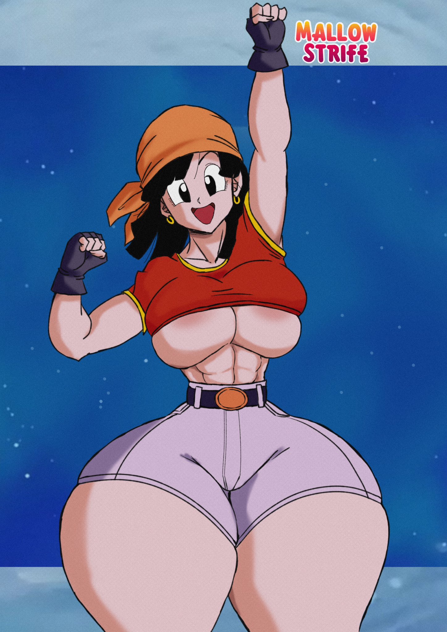 1girls, abs, aged up, alternate breast size, bandana, belt, big breasts, black hair, booty shorts, breasts, dragon ball, dragon ball gt, earrings, female, female focus, female only, fingerless gloves, gloves, hips wider than shoulders, huge breasts, huge hips, jean shorts, large breasts, mallow strife, midriff, midriff baring shirt, pan (dragon ball), t-shirt, thick thighs, underboob, underboob shirt, wide hips