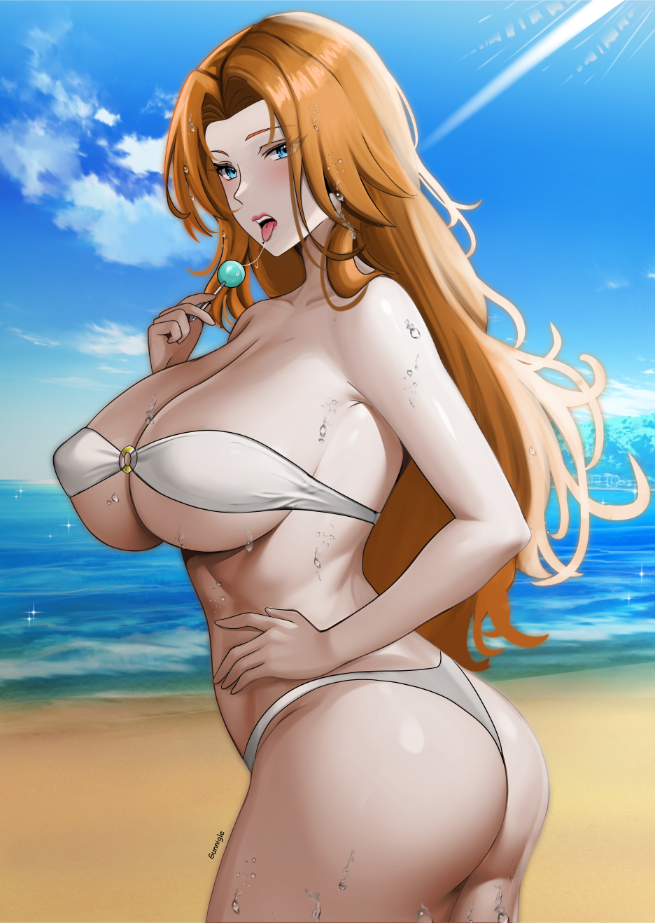 1girls, ass, beauty mark, big ass, big breasts, bikini, bikini bottom, bikini top, bleach, blue eyes, blush, bodily fluids, breasts, bubble ass, bubble butt, candy, facial mark, female, from behind, gunnigle, holding object, huge ass, huge breasts, impossible swimsuit, large breasts, light skin, light-skinned female, lipstick, lolipop, long hair, makeup, matsumoto rangiku, mature, mature female, mole, mole under mouth, orange hair, presenting, presenting ass, presenting hindquarters, revealing swimsuit, sagging breasts, saliva, saliva string, saliva trail, sexually suggestive, skimpy, skimpy bikini, solo, strapless, strapless bikini, suggestive, suggestive fluid, suggestive gesture, suggestive look, suggestive pose, sunlight, sweat, sweatdrop, sweater, sweaty body, swimsuit, thick ass, thick thighs, thighs, very long hair, voluptuous, voluptuous female