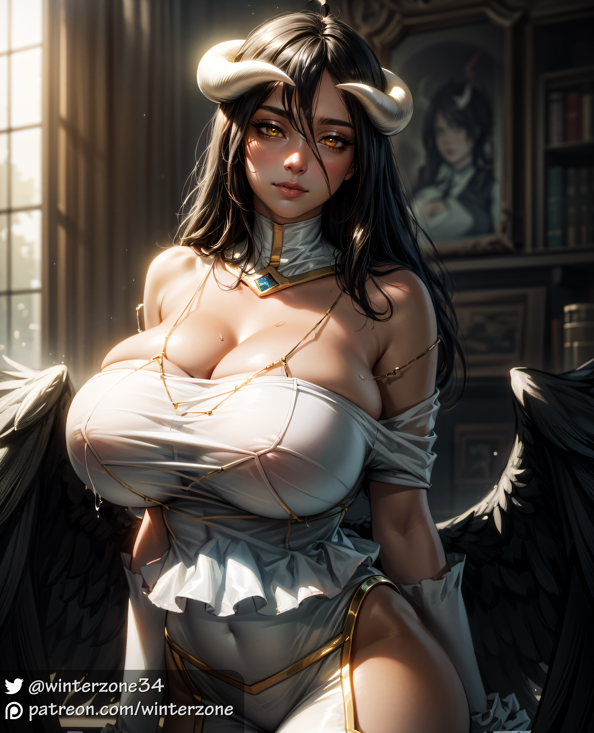 ai generated, albedo (overlord), big breasts, breasts, cleavage, demon, female, female focus, female only, horns, nipple bulge, overlord (maruyama), skin tight, stable diffusion, succubus, wet, wings, winterzone, yellow eyes