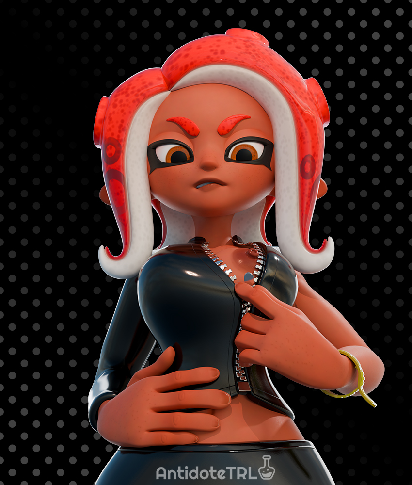 1girls 3d 3d_(artwork) agent_8_(splatoon) angry_face antidotetrl big_breasts big_nipples large_areolae octoling octoling_girl open_jacket orange_eyes red_hair self_upload splatoon splatoon_2 zipper