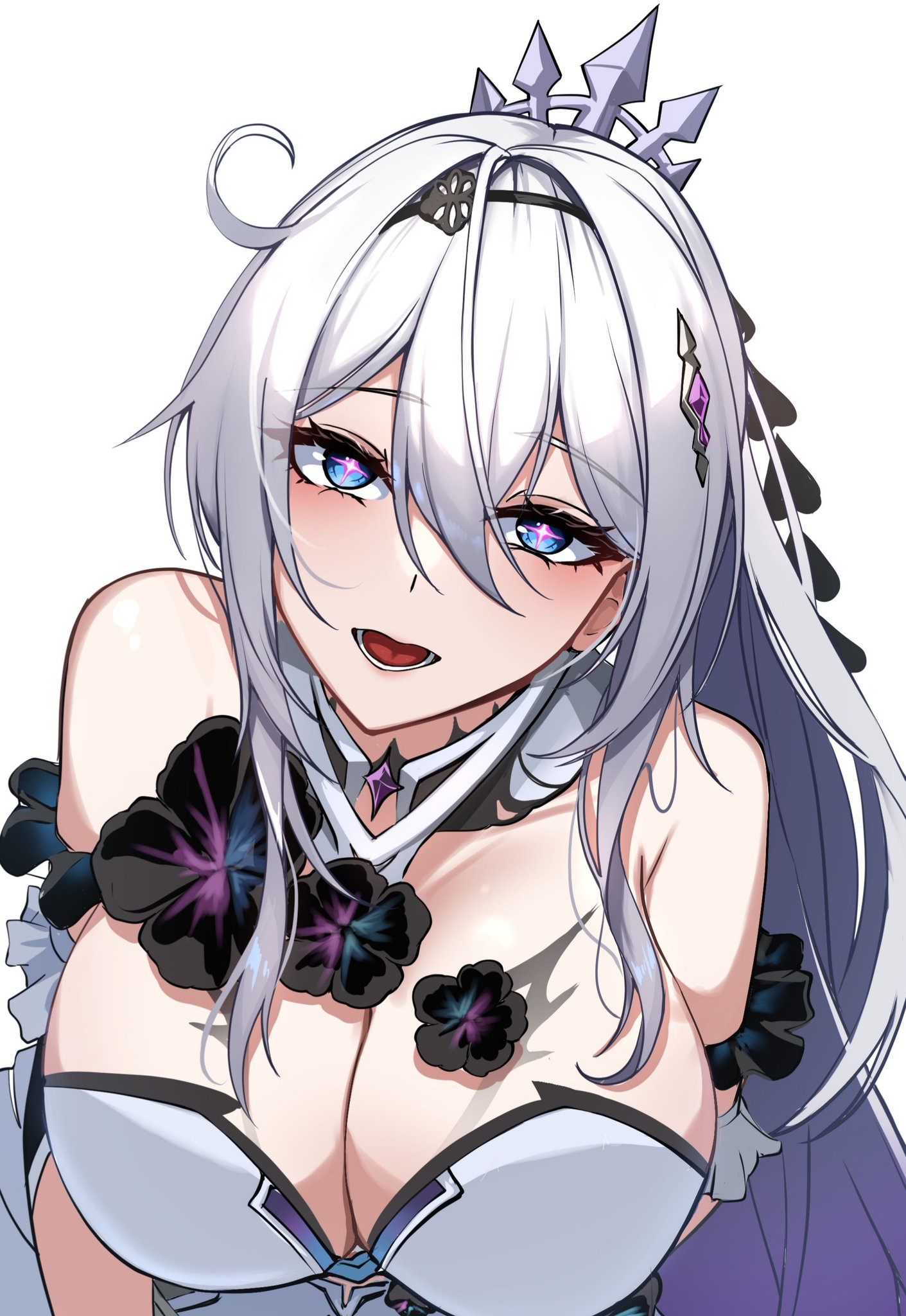 1girls, breasts, cleavage, cleavage overflow, female, female focus, female only, godcastlenoa, honkai (series), honkai impact 3rd, huge breasts, kiana kaslana, kiana kaslana (herrscher of finality), light skin, light-skinned female, long hair, looking at viewer, ponytail, purple eyes, tagme, unusual anatomy, unusual eyes, unusual pupils, white hair