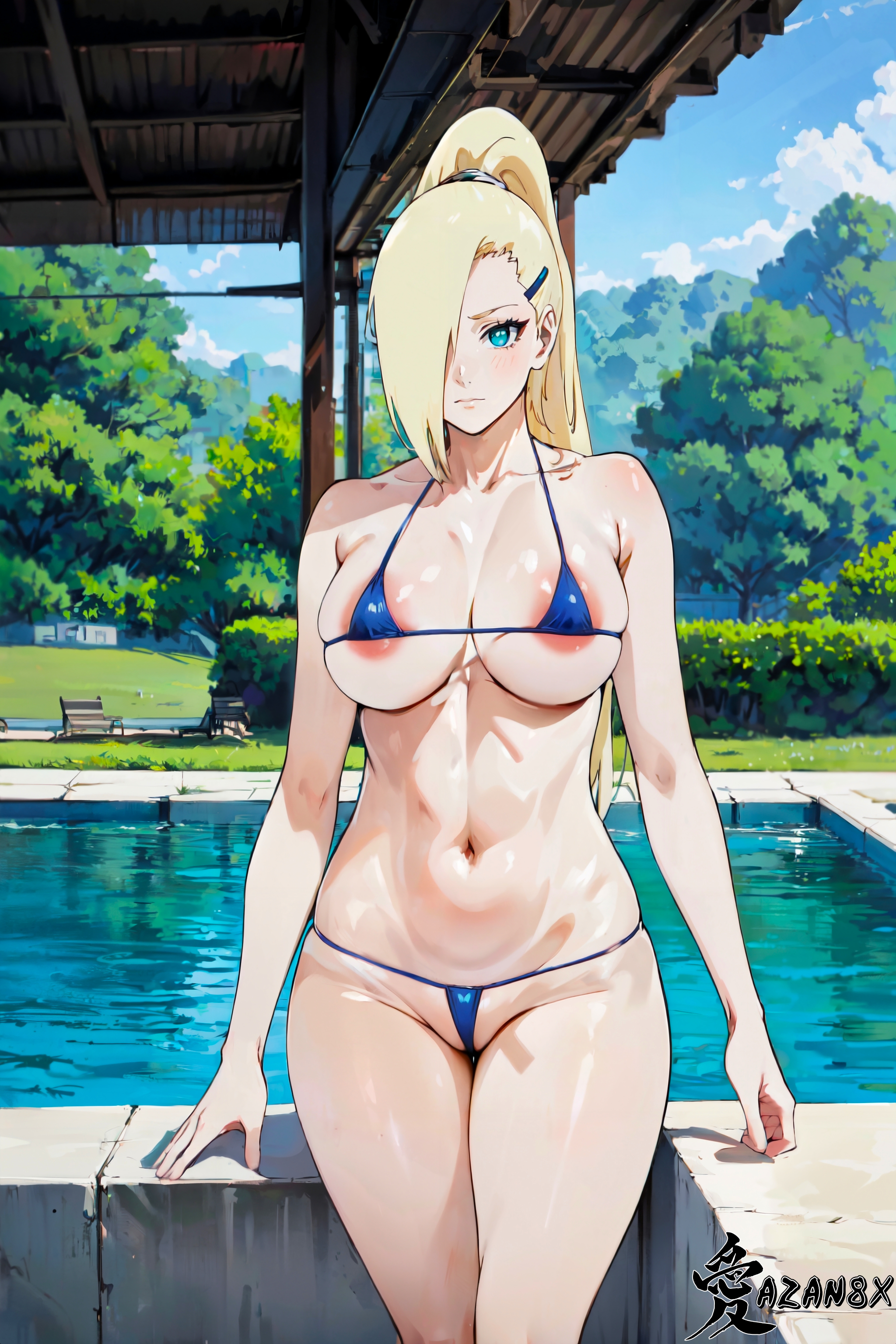 ai generated, artist name, azanx8, big breasts, bikini, blonde hair, blue eyes, blush, boruto: naruto next generations, breasts, female, hair over one eye, huge breasts, ino yamanaka, light skin, light-skinned female, long hair, looking at viewer, mature, mature female, micro bikini, milf, nai diffusion, naruto, naruto (series), outdoors, pale skin, pale-skinned female, ponytail, pool, poolside, revealing swimsuit, skimpy, skimpy bikini, solo, solo focus, stable diffusion, swimsuit, thick thighs, thighs, tied hair, very long hair, voluptuous, voluptuous female, watermark