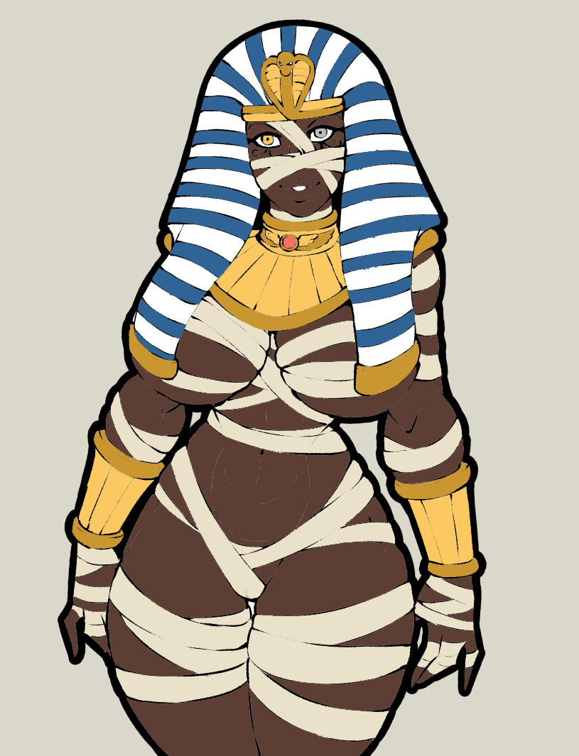 1girls ass big_ass big_breasts busty dark-skinned_female dark_skin demien edit egyptian egyptian_female gray_eyes huge_ass mummy mummy_costume mummy_wrappings thick_thighs wide_hips yellow_eyes