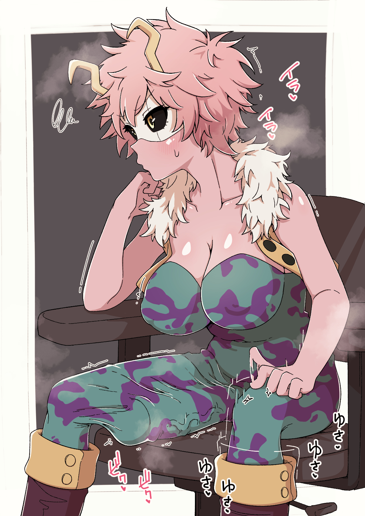 1futa, big breasts, breasts, clothed, clothing, erection, erection under clothes, fully clothed, futa only, futanari, heavy breathing, hero outfit (mha), hidanedane, horns, huge cock, humanoid, humanoid penis, intersex, large penis, mina ashido, musk clouds, my hero academia, penis, penis under clothes, pink hair, solo, source request, sweat, veiny penis