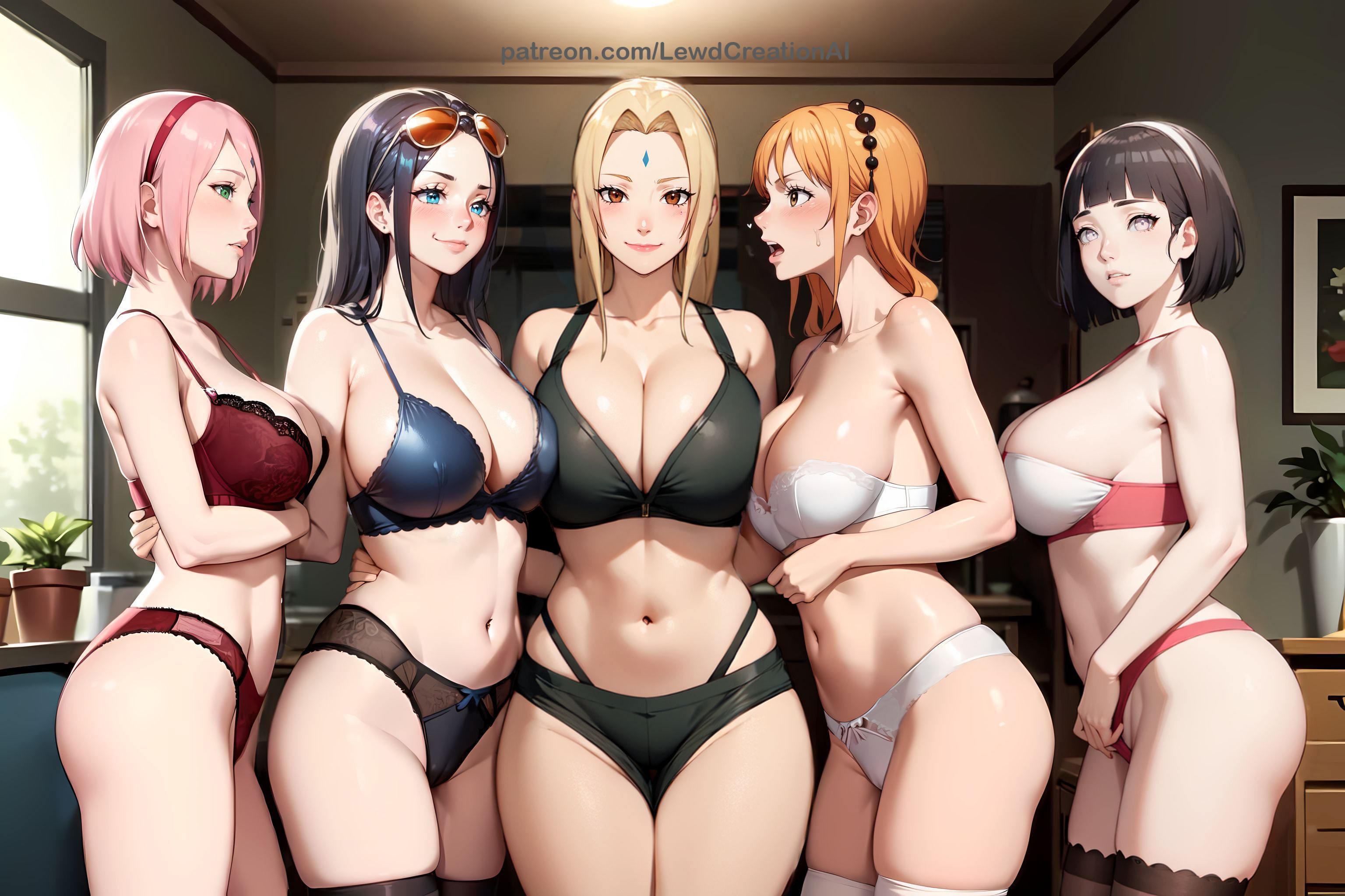 5girls, ai generated, big breasts, bikini, blush, blush lines, blushing at viewer, boruto: naruto next generations, breast squeeze, breasts, crossover, curvy, curvy figure, female, female only, forehead gem, forehead jewel, forehead mark, green eyes, group, haruno sakura, hyuuga hinata, indoors, lewdcreationsai, lingerie, looking at viewer, multiple females, multiple girls, nami (one piece), naruto, naruto (series), nico robin, one piece, pink hair, post-timeskip, pre-timeskip, sakura haruno, side view, thighs, tsunade, uchiha sakura, uzumaki hinata