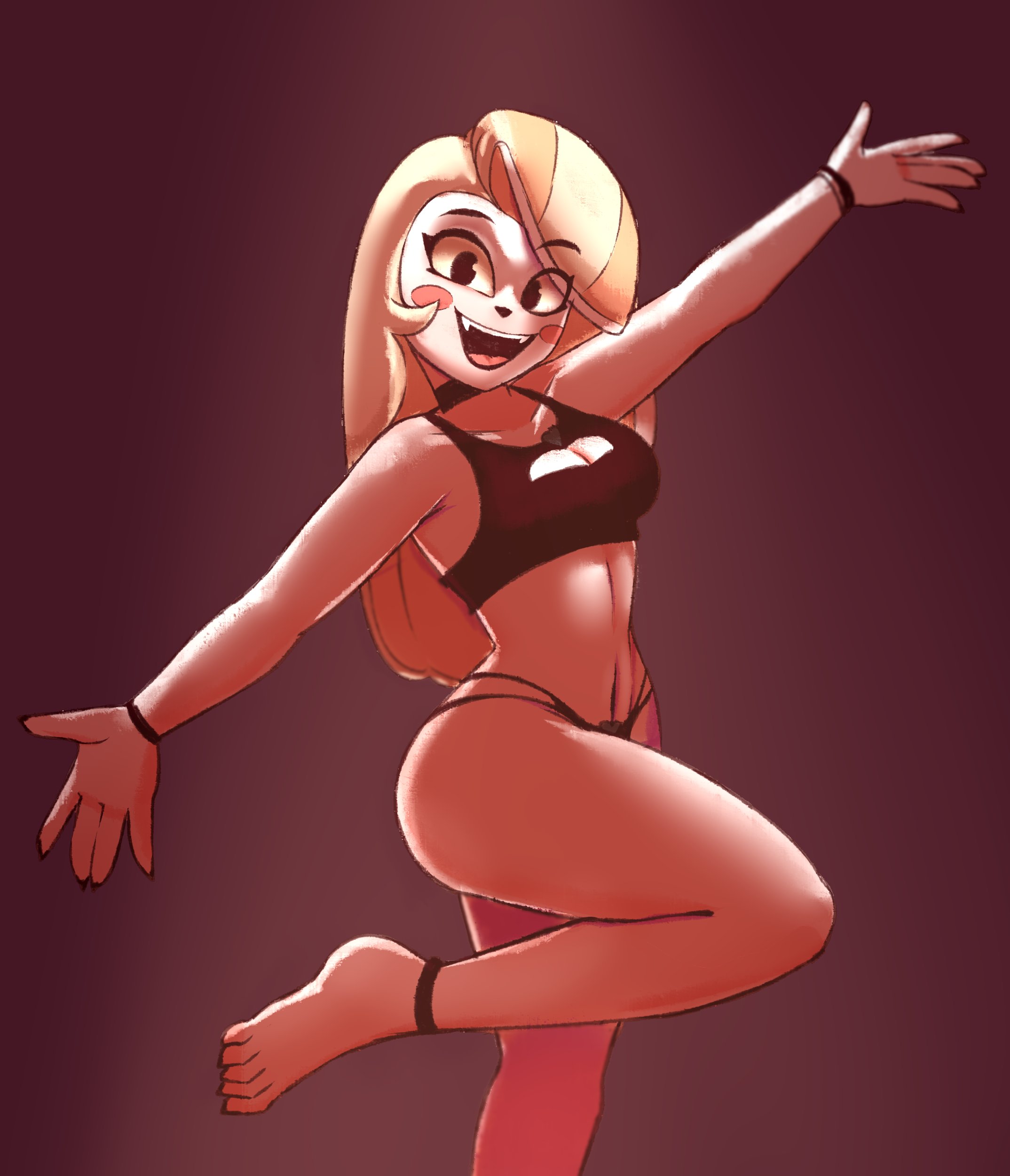 ass, big ass, big thighs, blonde hair, boob window, breasts, charlie morningstar (hazbin hotel), cute, demon, demon girl, fangs, female, hazbin hotel, huge ass, huge thighs, long hair, looking at viewer, medium breasts, smile, smiling, smiling at viewer, tagme, the pizza guy 1012, thick hips, thick thighs, thighs