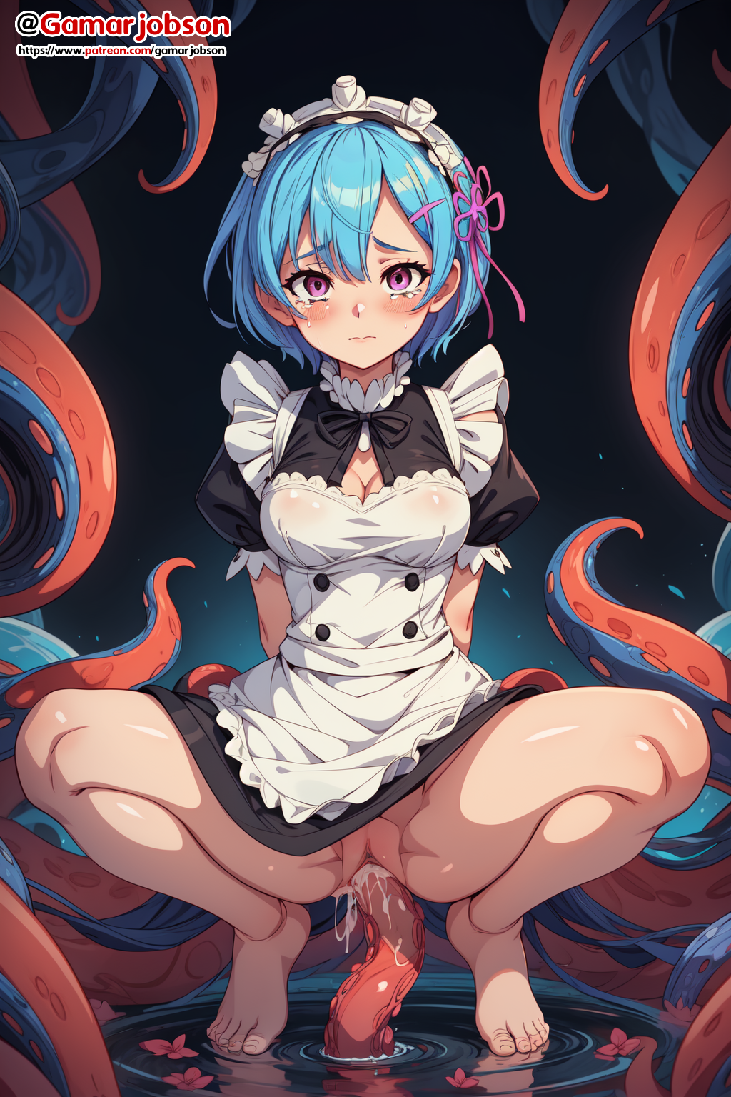 ai_generated arms_behind_back barefoot blue_hair feet gamarjobson maid maid_headdress maid_uniform re:zero_kara_hajimeru_isekai_seikatsu rem_(re:zero) squatting tentacle tentacle_sex toes