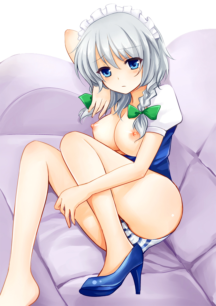 bare_legs barefoot blue_eyes blush braid breasts breasts_out couch female head_rest high_heels leaning maid maid_headdress nikoo nipples panties sakuya_izayoi shoes short_hair silver_hair single_shoe solo striped striped_panties tied_hair touhou twin_braids underwear