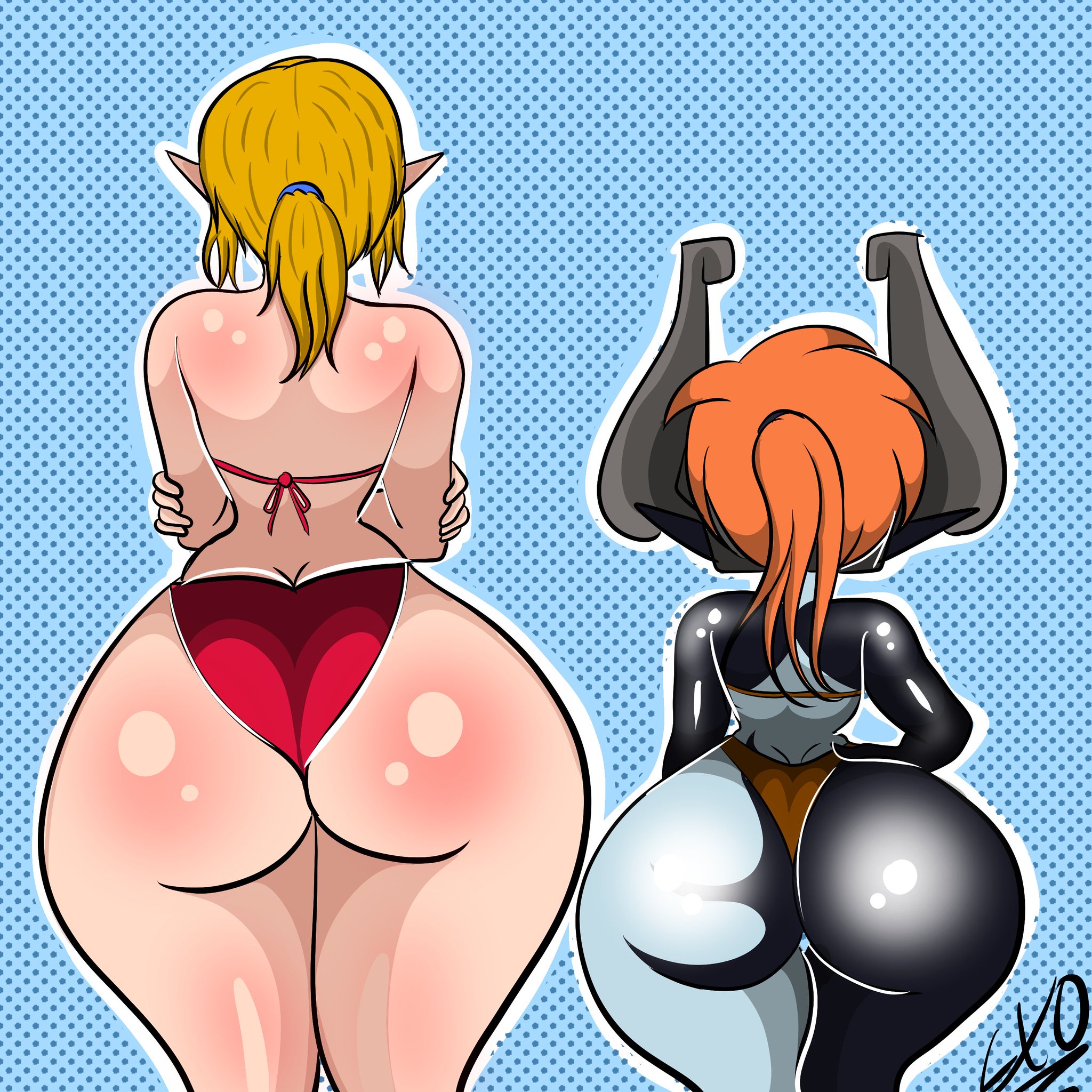 1boy, 1girls, ass, big ass, bikini, both sexes in same situation, bottom heavy, crossdressing, crossed arms, exocomics, facing away, female, femboy, hand on hip, huge ass, imp midna, large ass, link, link (breath of the wild), male, midna, nintendo, second-party source, string bikini, the legend of zelda, twilight princess