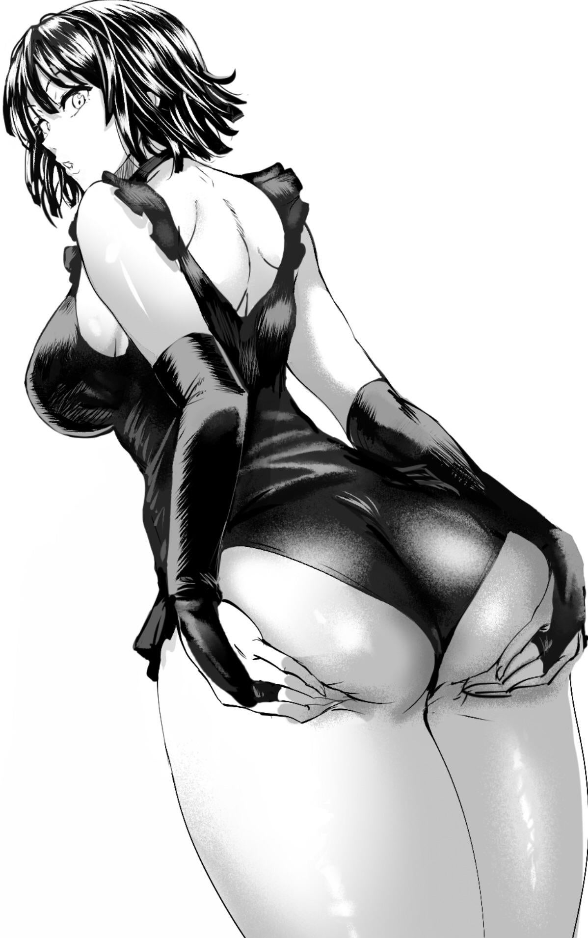 ass, ass grab, daraz18aka, female, fubuki (one-punch man), grabbing ass, looking at viewer, looking down, one-punch man, thick ass